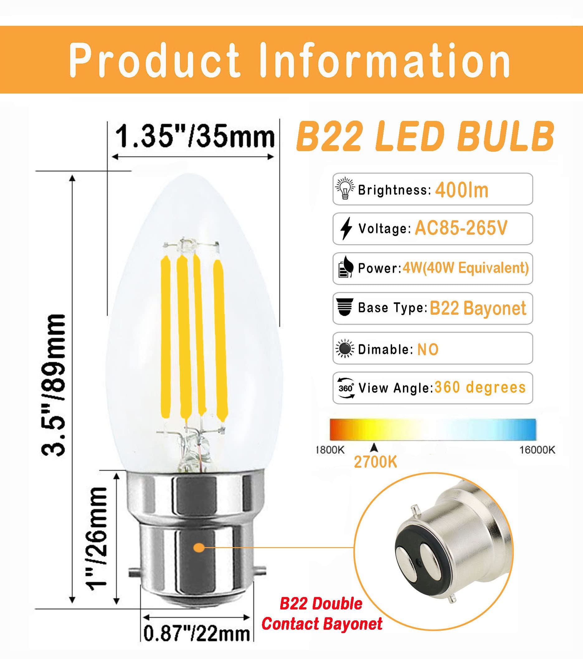 Lamsky 4W B22 Bayonet Led Filament Candle Light Bulb,2700K Warm White 400Lm,C35 Shape Bullet Top,40W Incandescent Equivalent,Non-Dimmable,4 Pack