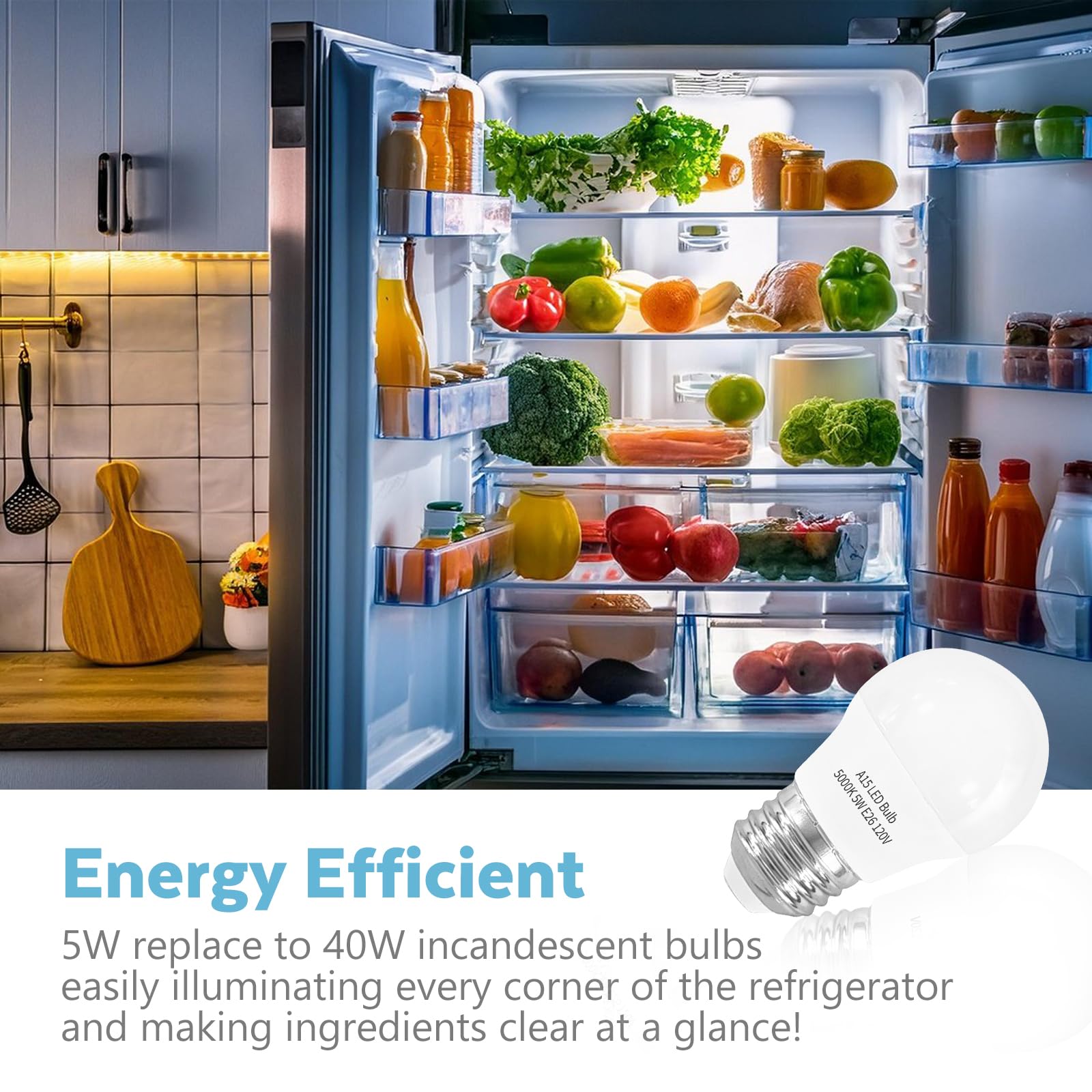LOXYEE LED Refrigerator Light Bulb 2 Pack, Dimmable A15 5W E26 Base, Waterproof 5000K Daylight White, Model BXD-001