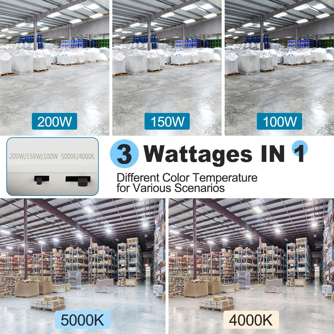 Xbuyee High Bay Led Shop Light 2 Pack 2Ft 200W 28000Lm, 4000K/5000K Selectable 100-277V, Linear High Bay Lights For Warehouse Workshop Supermarket Stadium, Power Tunable 200W/150W/100W, Etl
