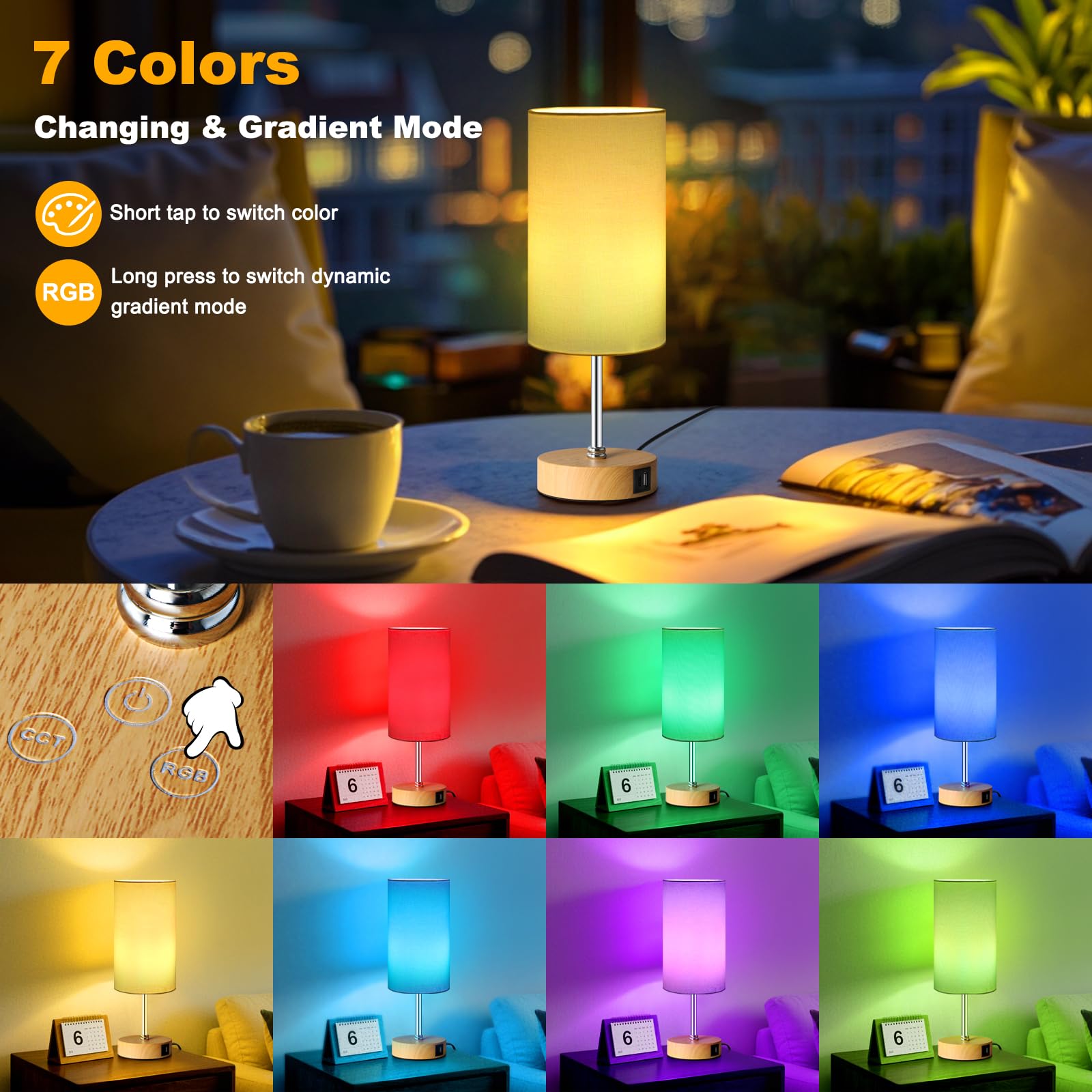 Unicozin Small Table Lamp - 3CCT & 7 RGB Color Changing, Dimmable Nightstand Lamp, 14.5in, White Wood Grain Base