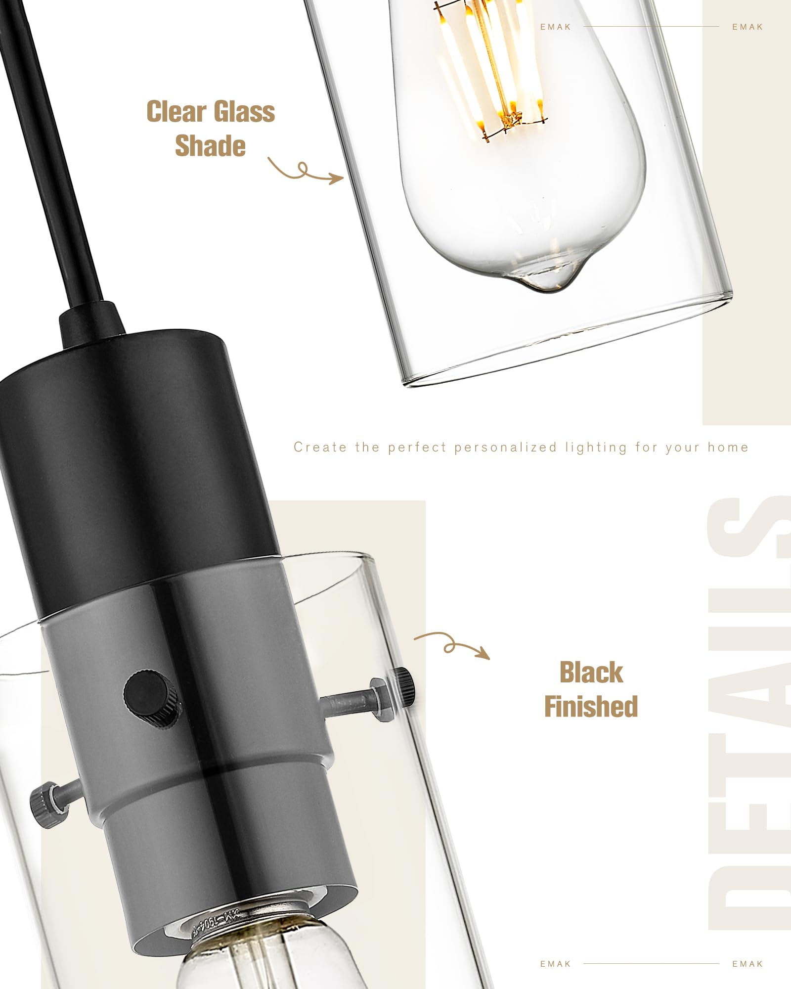 Emak 2 Pack Black Pendant Light Fixtures, Mini Pendant Lighting With Clear Glass Shade, Modern Farmhouse Hanging Lights For Kitc