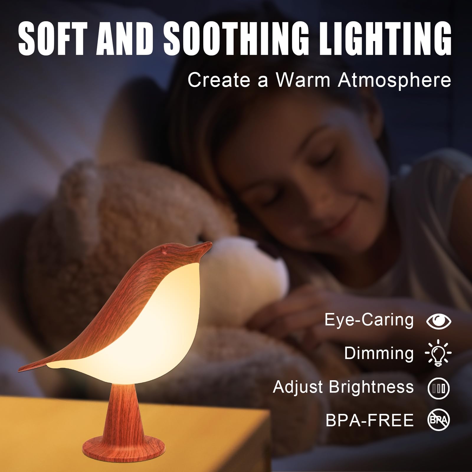 Vquand Red Bird Desk Lamp - Dimmer Kids Night Light, Touch Sensor, 3 Color Temperatures, Rechargeable