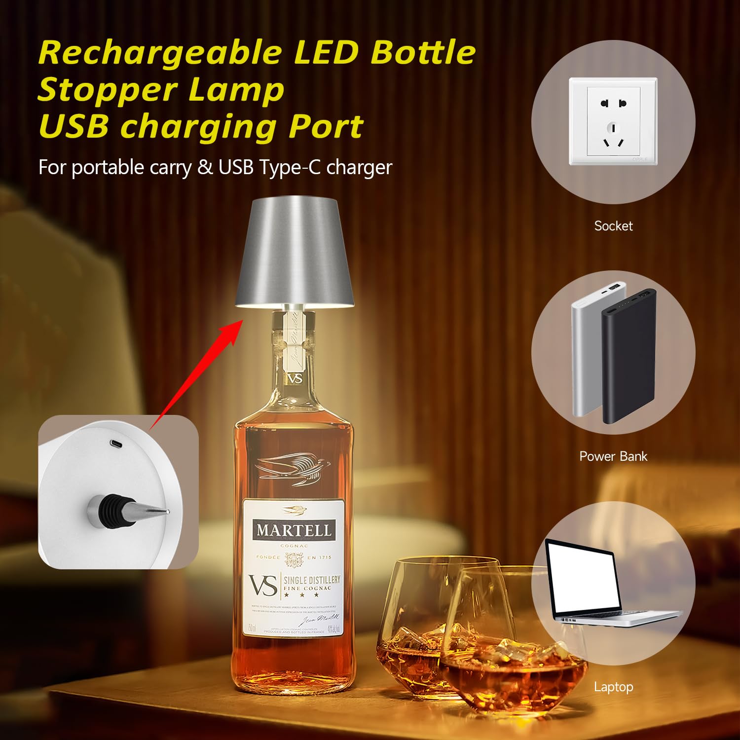 Hoide Wireless Bottle Lamp - LED Touch-Dimmable Night Light Kit, 5.7in, Silver