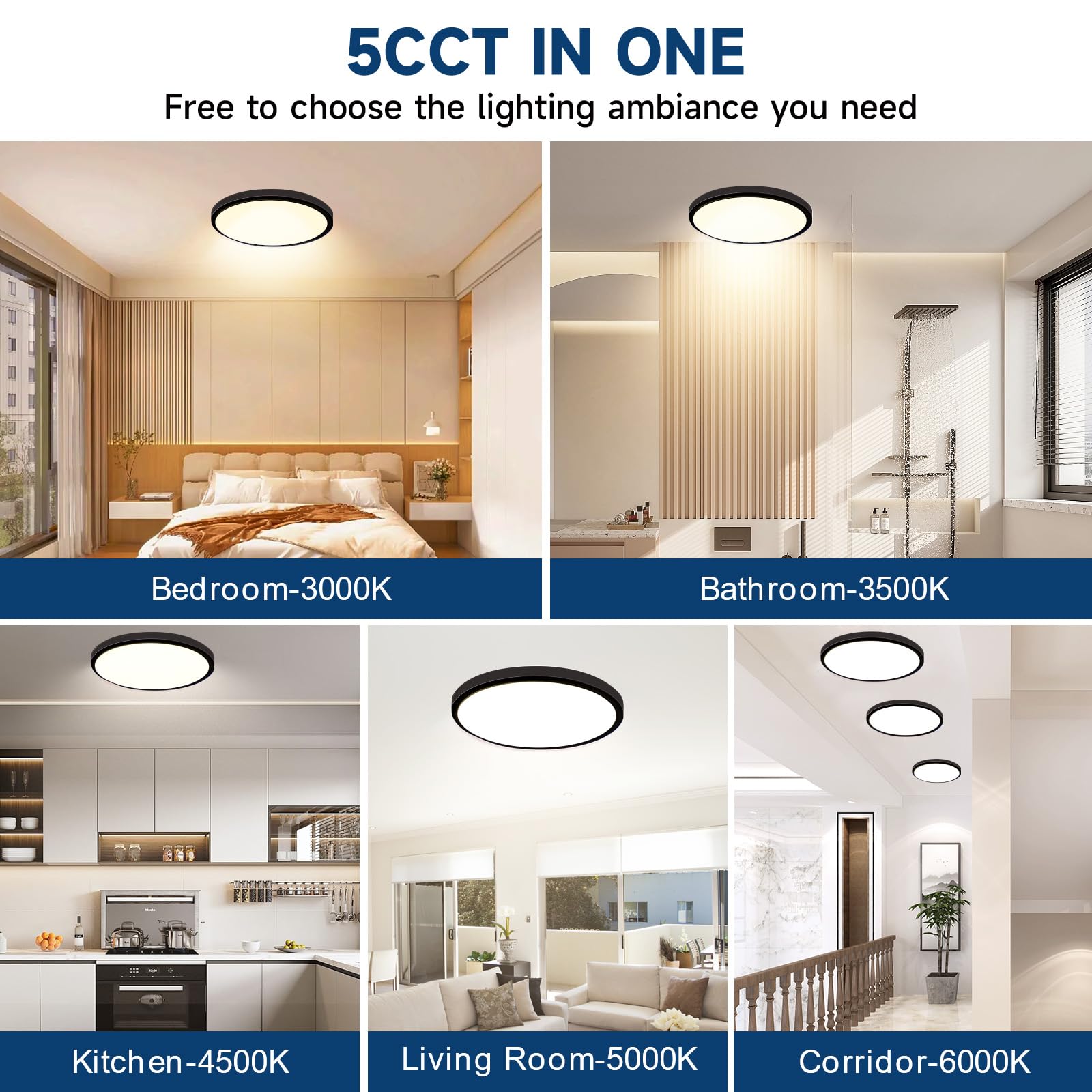 WKONCLDY 7.5Inch LED Ceiling Lights, 5 Colors Selectable, Ultra Thin Flush Mount, Black, Model XDD