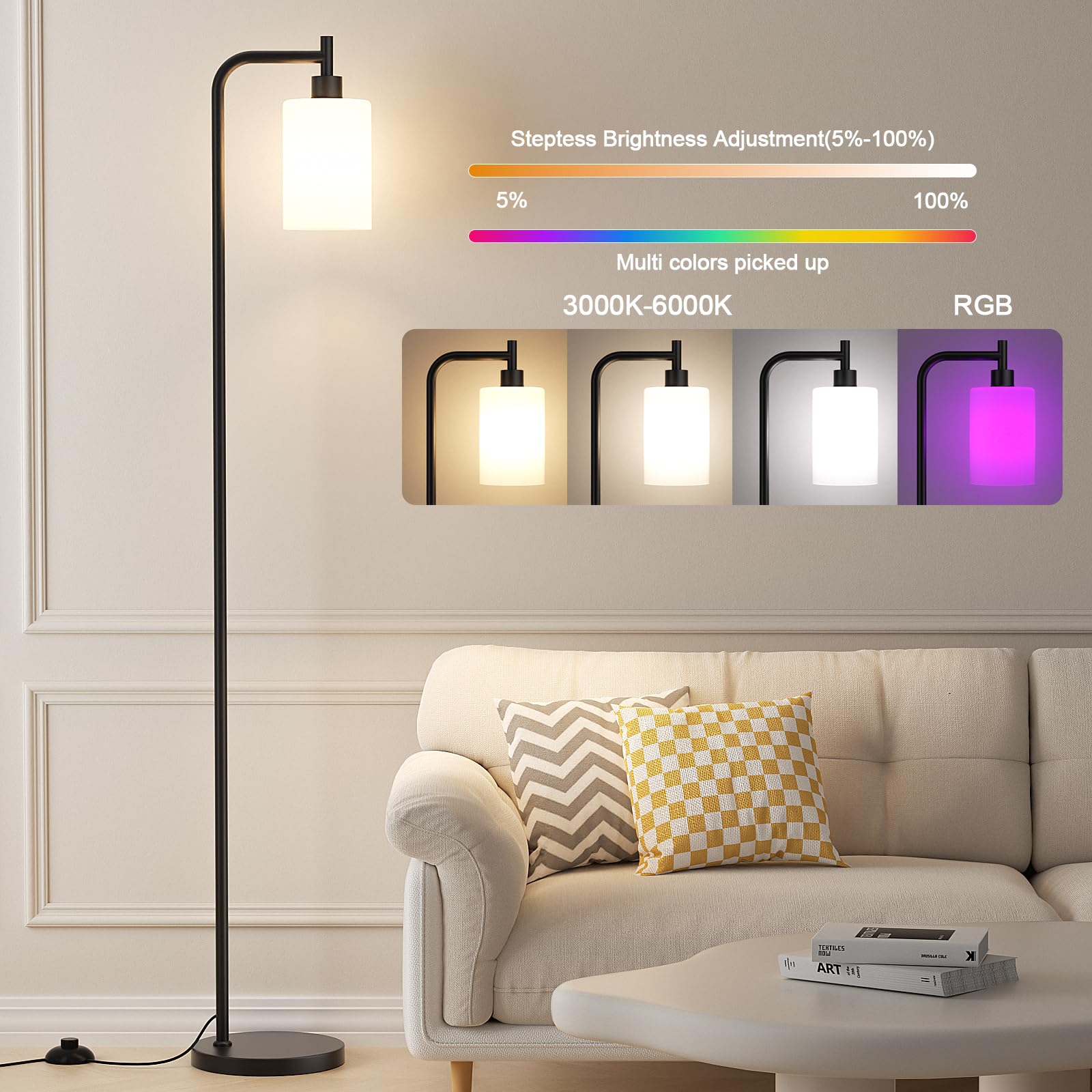 Ziisee Rgb Floor Lamps For Living Room, Dimmable Industrial Standing Lamp With Remote Control For Bedroom Office Corner, 3 Color
