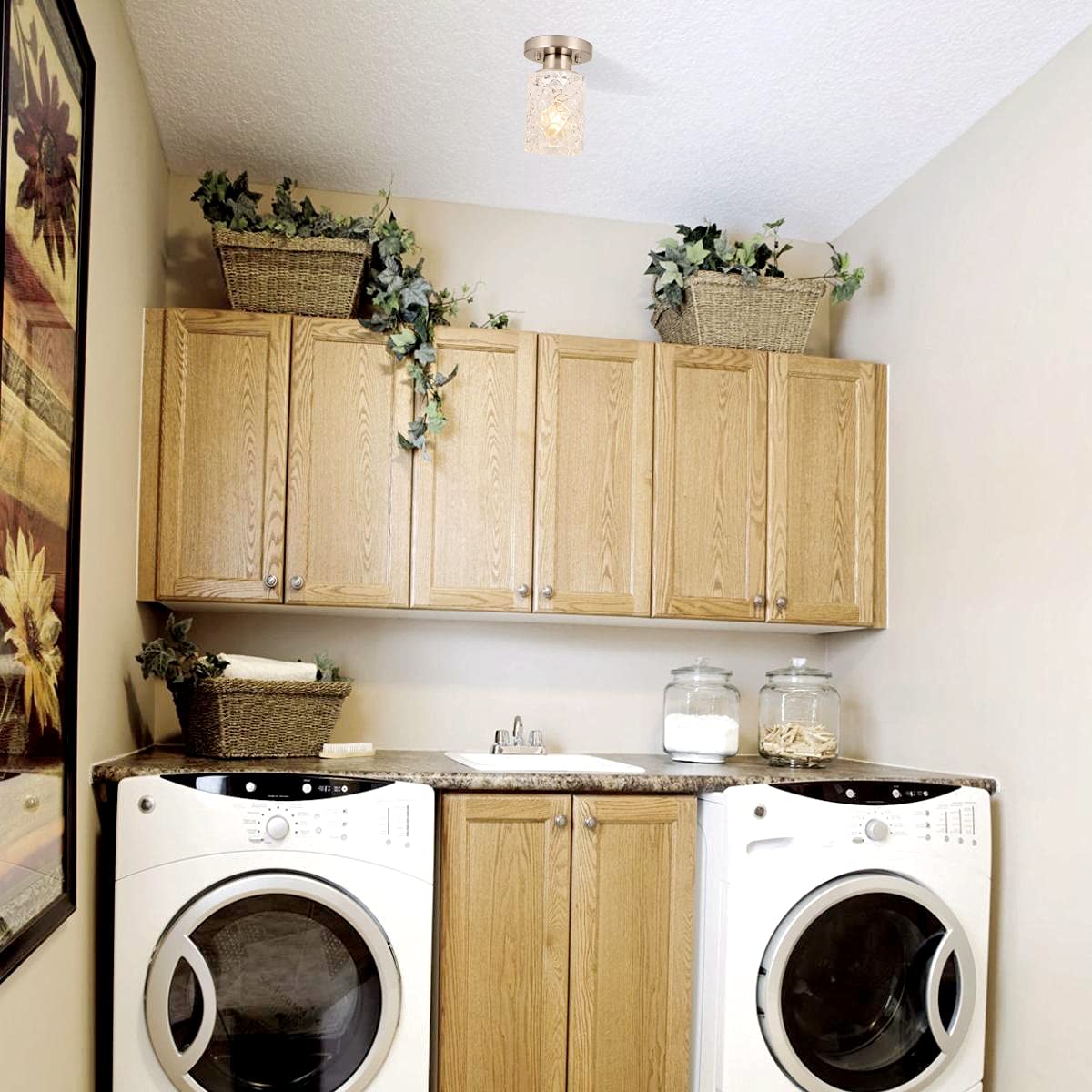 Alice House 2 Pack Semi Flush Mount Ceiling Light, Clear Geometric Glass Shade, Brushed Nickel Farmhouse Light Fixture For Hallw