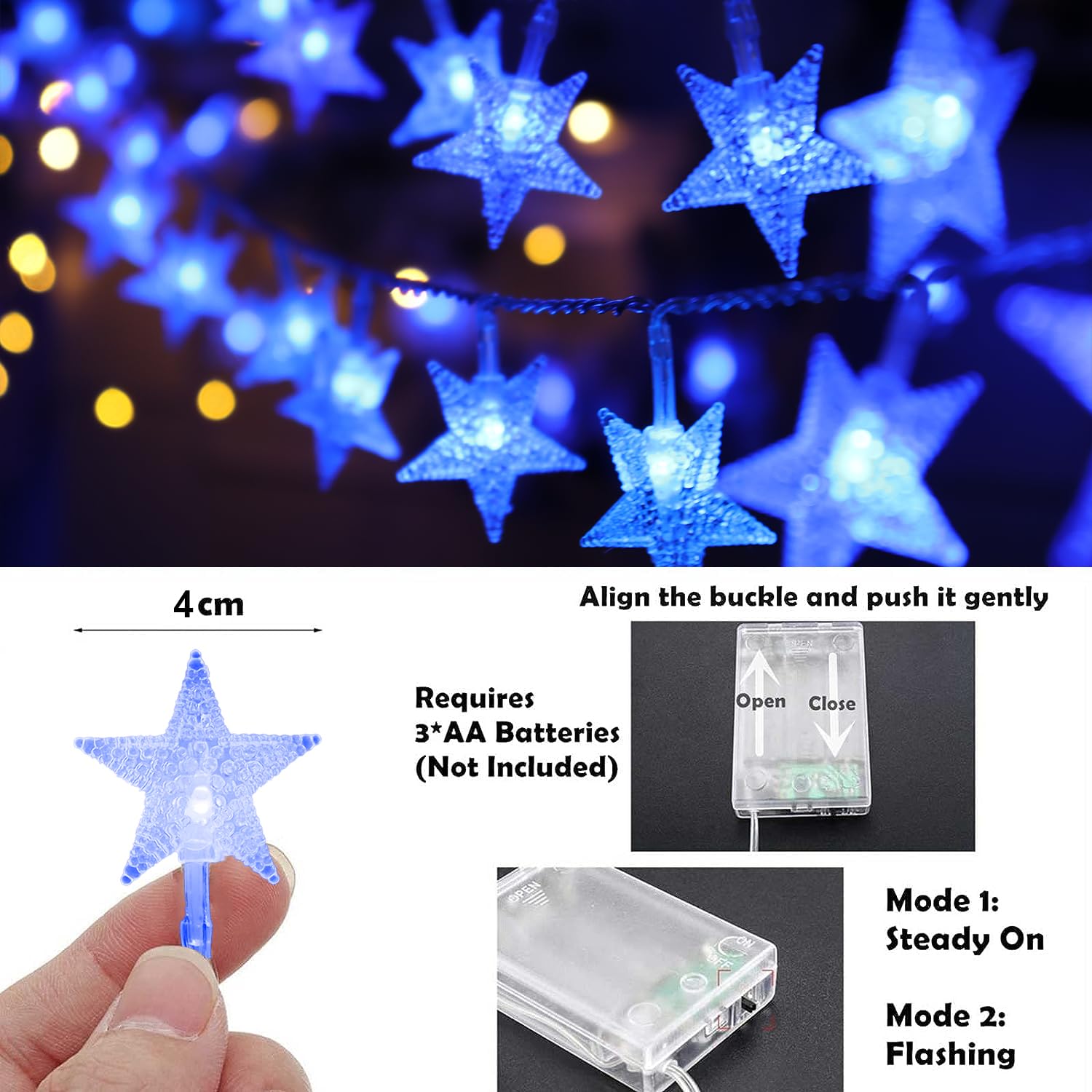 Cesof Blue Christmas Star String Lights Decorations, 20 Ft 40 Led Battery Operated Twinkle Lights Cute Hanging Star Fairy Light For Bedroom Room Car Party Home Indoor Outdoor Xmas Tree Decor