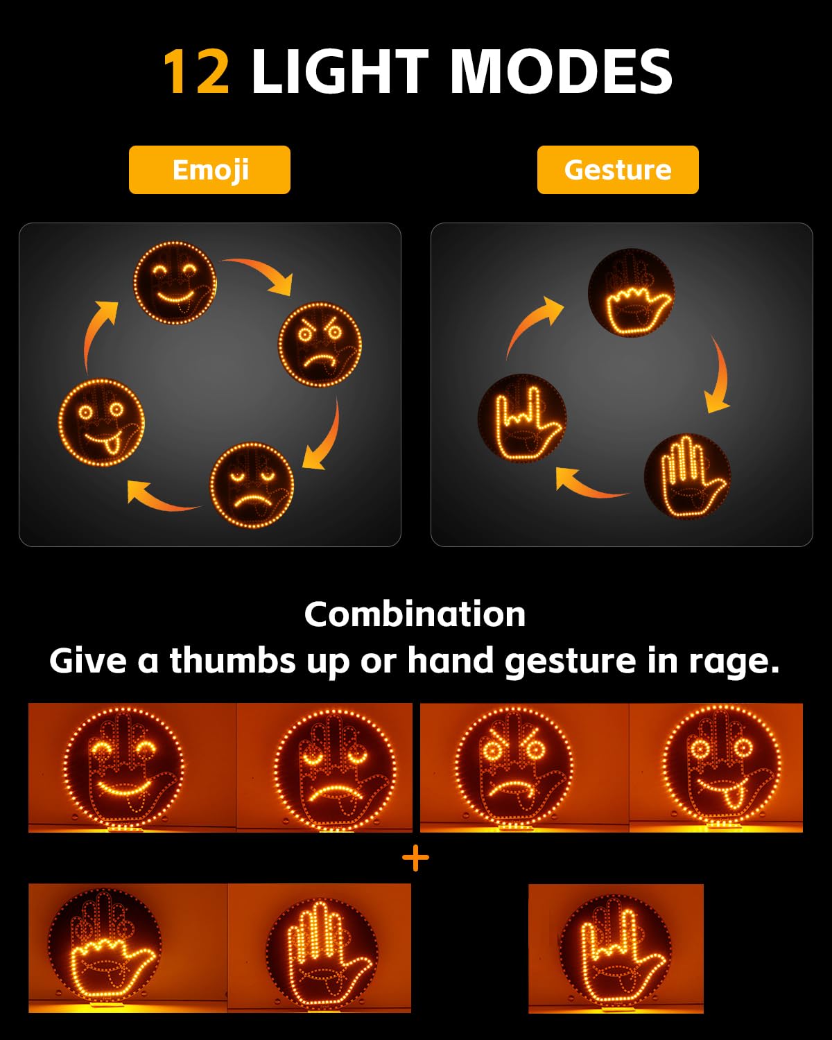 GSOWO LED Trunk Gesture Light with 4 Emojis, 11 Modes, Plastic, Model GS-H-BA, Ideal for Car Trunk Cargo Area & Ceiling Lighting