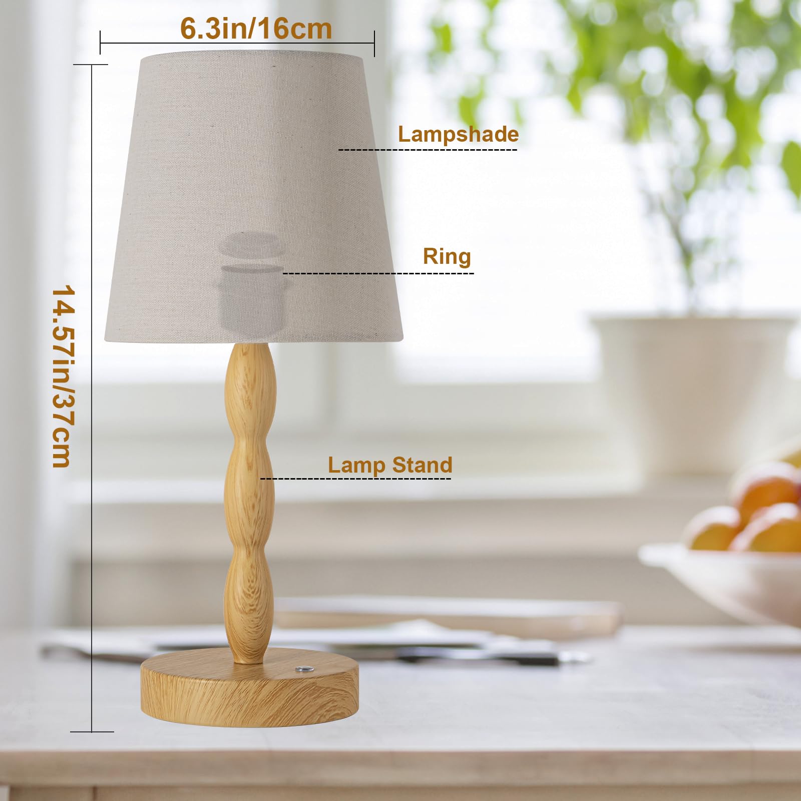 CASTLELIFE Portable Cordless Table Lamp, Touch Control, Rechargeable, 3-Level Brightness, Natural Wood Grain, Model CL8433-YM