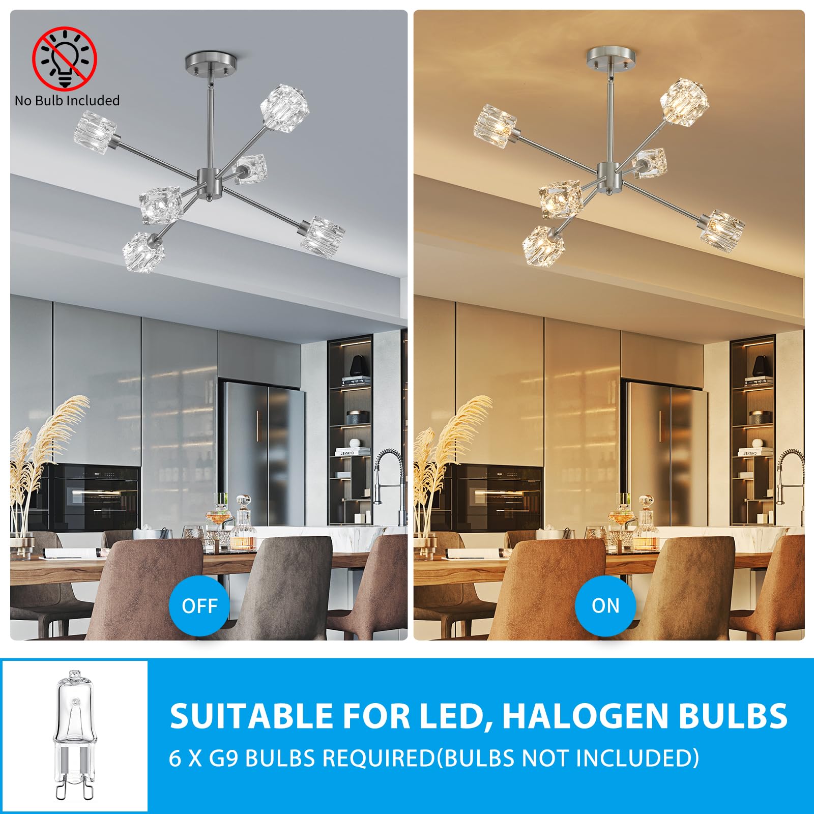 Xingqi 6-Light Semi Flush Mount Ceiling Light Fixture Modern Brushed Nickel Sputnik Chandelier 25.2'' Ceiling Lighting For Bedro