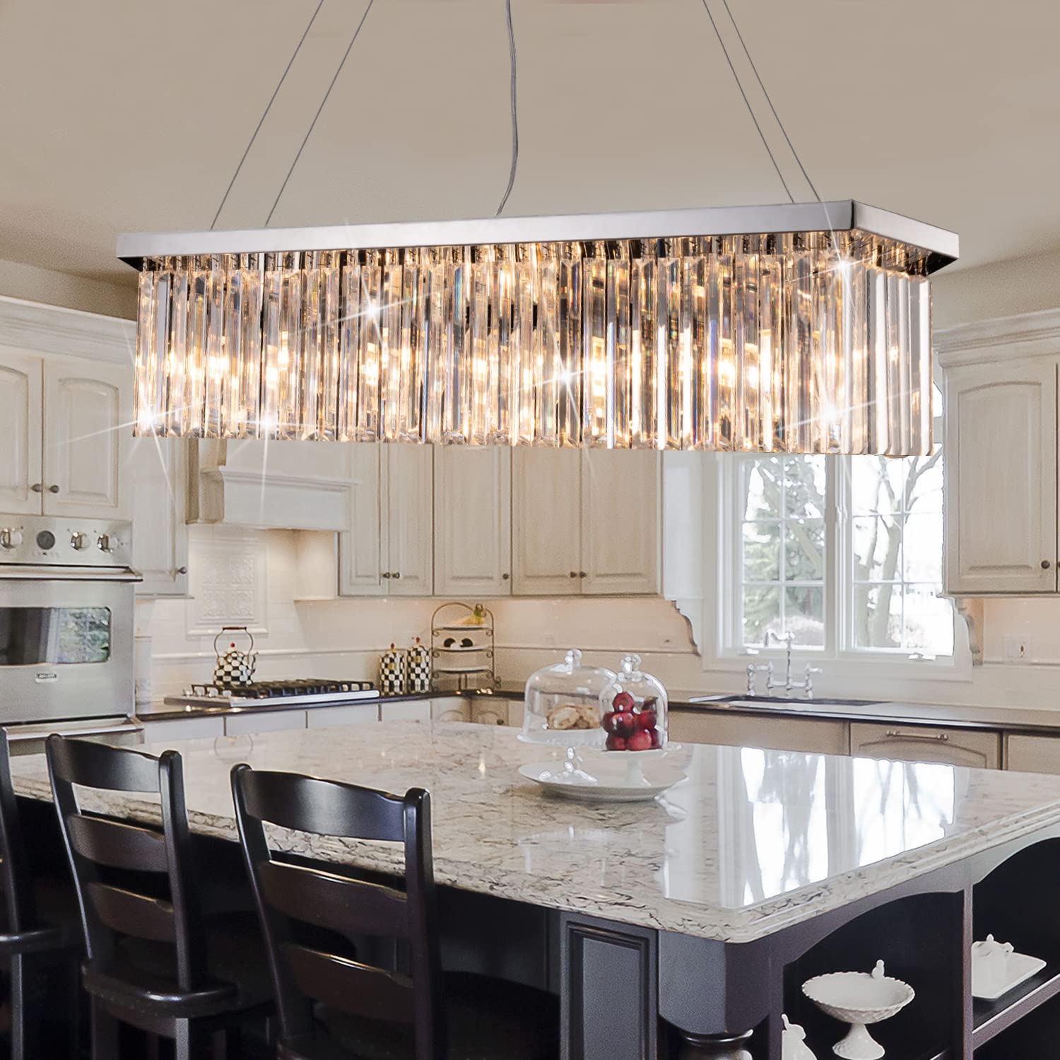 Modern Silver Rectangular Crystal Chandelier, Dining Room Chandeliers Over Table, Luxury Chrome Pendant Ceiling Light Fixtures F