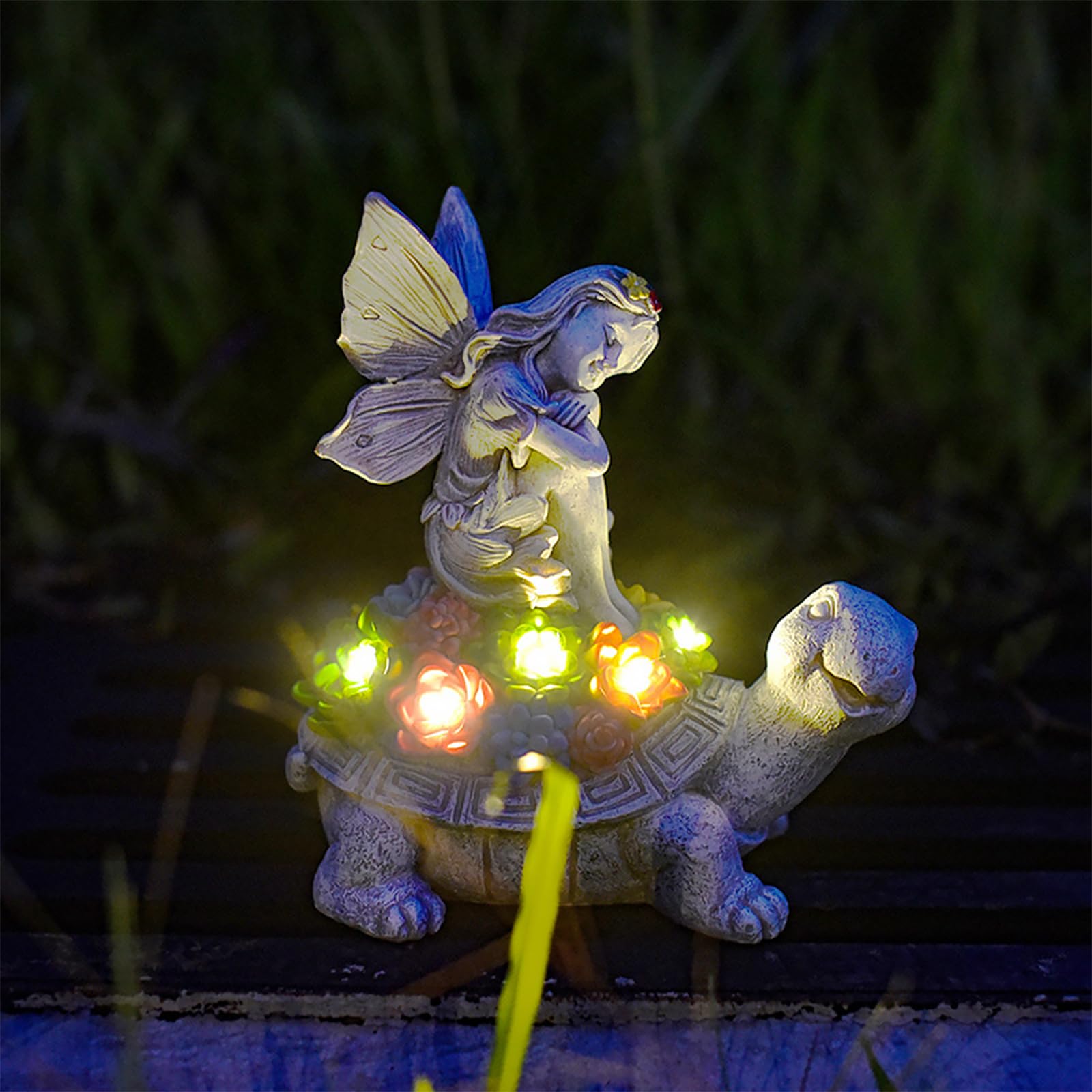 AVEKI Garden Statue Turtle & Flower Fairy Figurines Resin Decor with LED Lights, Solar, Waterproof, Succulent