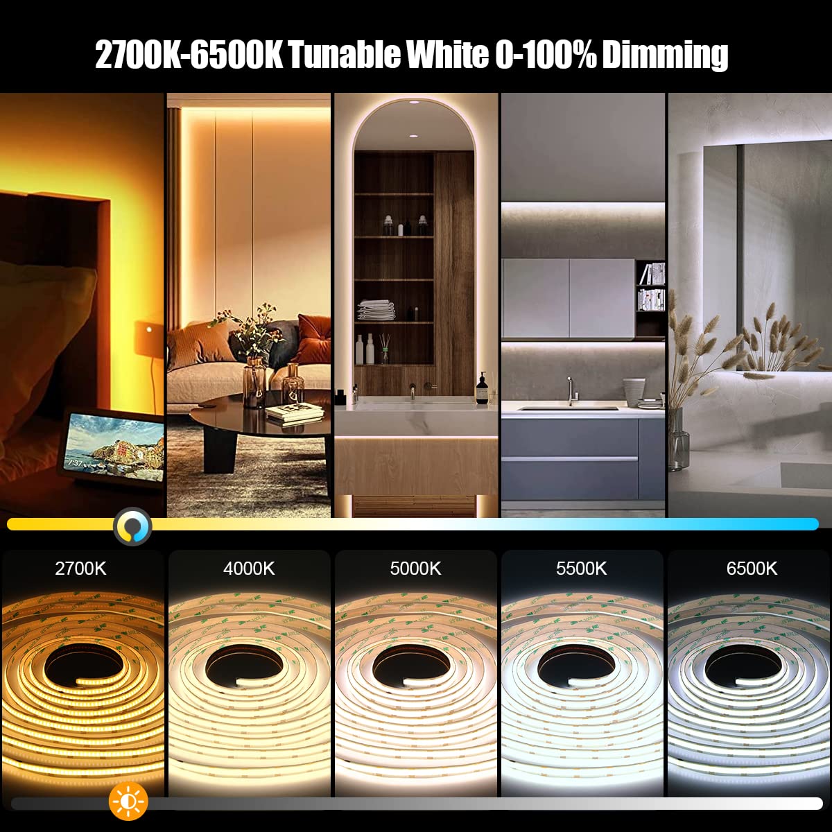 Wefomey COB LED Strip Light, 16.4ft Tunable White 2700K-6500K, 3200 LEDs, Remote & App Control, UL Listed, Ideal for
