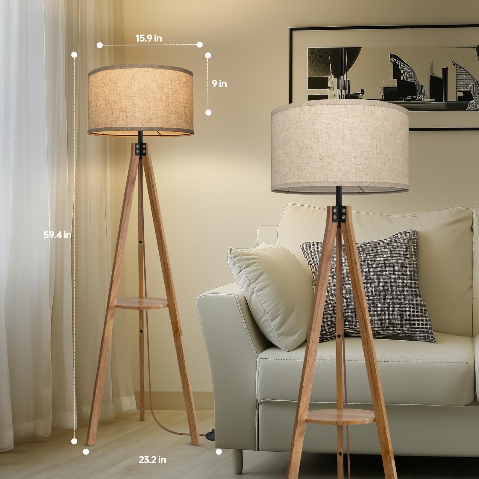 EOEYYOYB Modern Floor Lamp with Shelf, 3 Color Temperatures, Metal, Burlywood, Square Table Legs