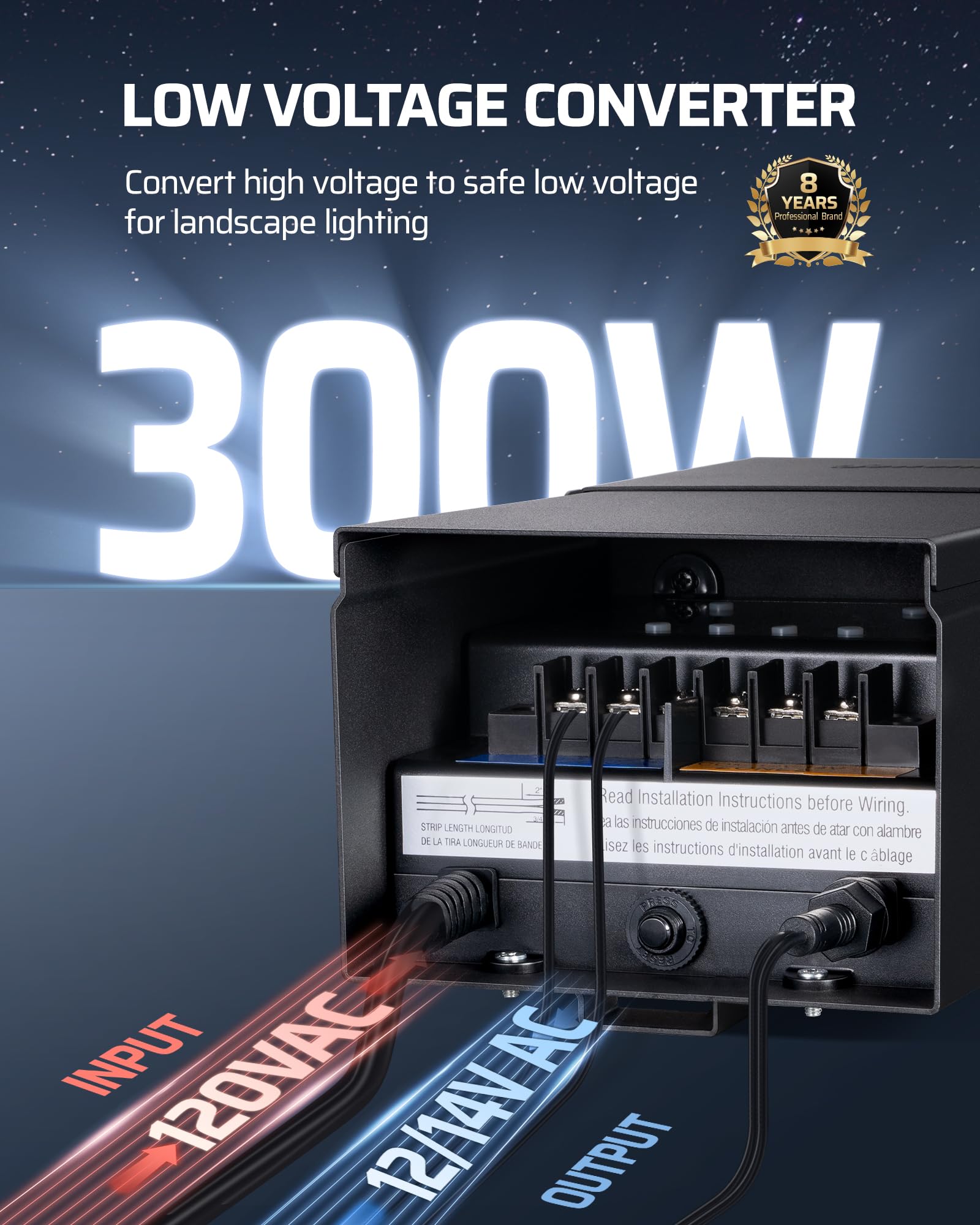 DEWENWILS 300W Low Voltage Landscape Transformer with Photocell & Timer, 120VAC to 12/14VAC, Model HOSL05K1