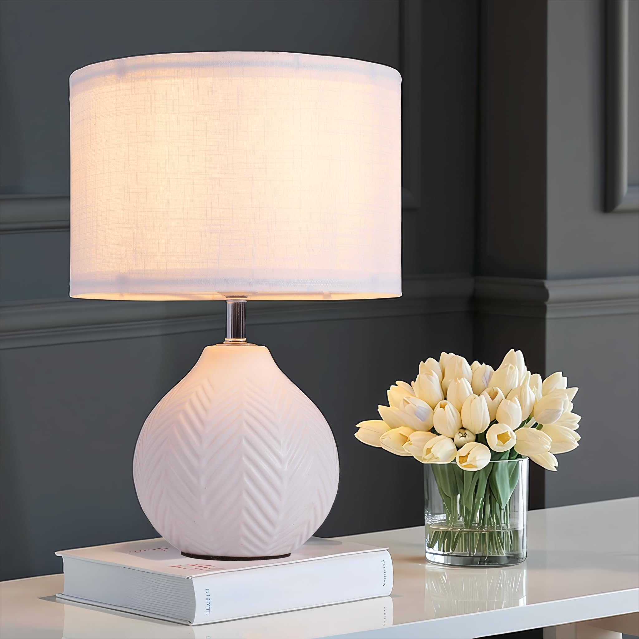SOTTAE 12 White Ceramic Table Lamp  Leaf Patterned Ceramic Desk Lamp Small Bedside Lamp with Linen Shade  Mid Century Modern Nightstand Lamp for Bedroom Living Room Reading Room