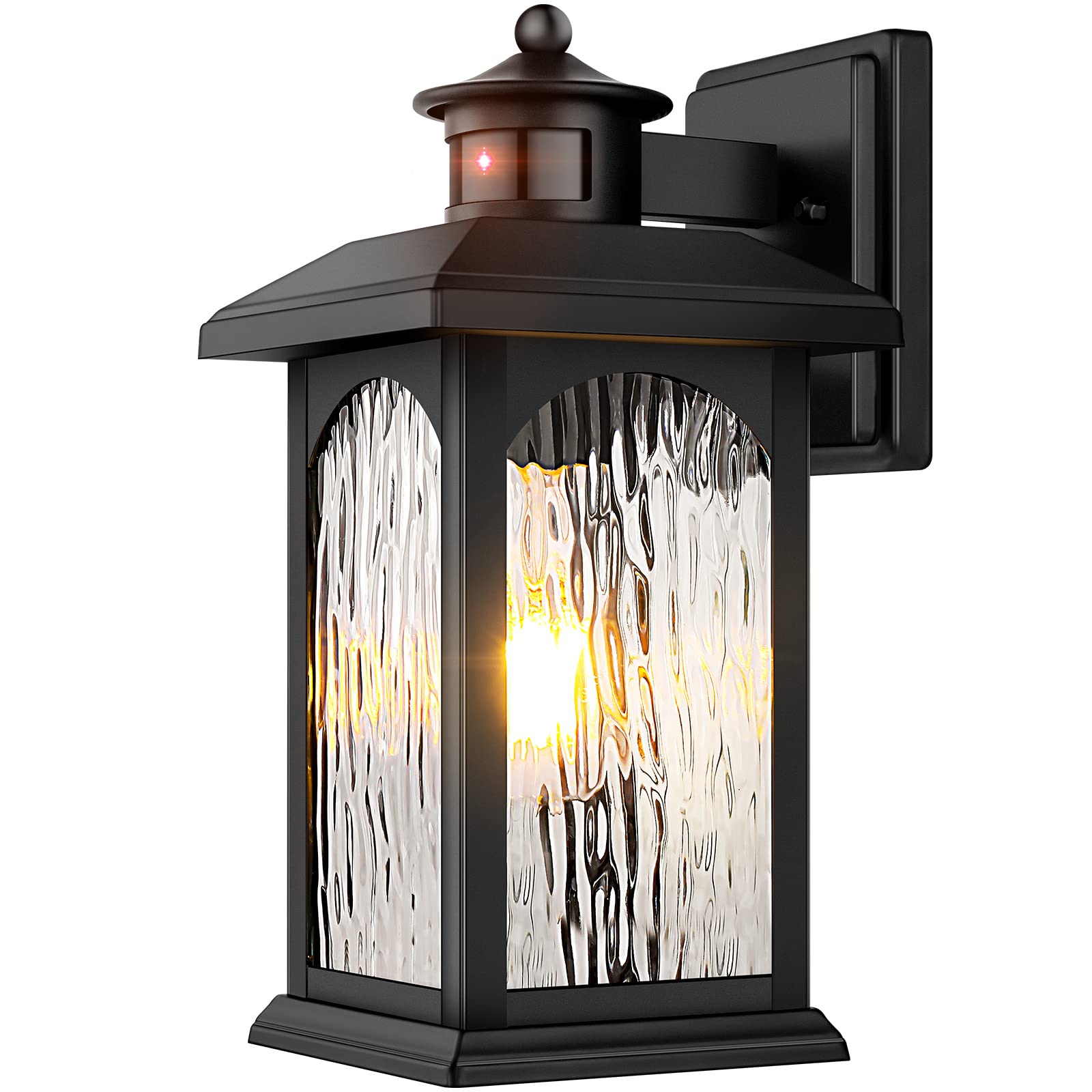 Filiyano Motion Sensor Outdoor Wall Lantern - Black Dusk To Dawn Light Fixture With Rippled Glass