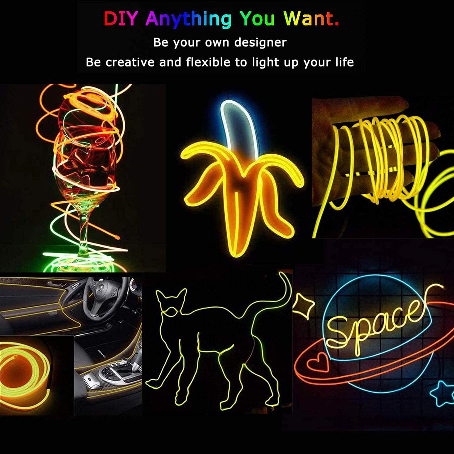 Jiguoor Usb Rechargeable El Wire 32.8Ft/10M (5Mx2) Bright Neon Light Strip 360° Illumination Neon Tube Rope Lights For Diy, Festival, Party Decoration, Halloween, Chrismas (32.8Ft/10M, Yellow)