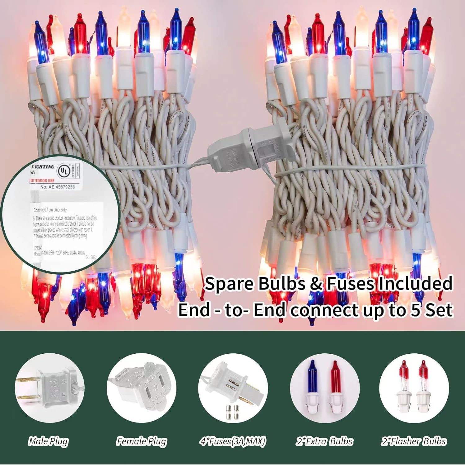 Lamphome 100 Count Red White And Blue Mini String Lights With White Wire,Connectable 19.6Ft 120V Waterproof 4Th Of July Patriotic Incandescent Lights, Independence Day Lights For Outdoor Indoor Decor