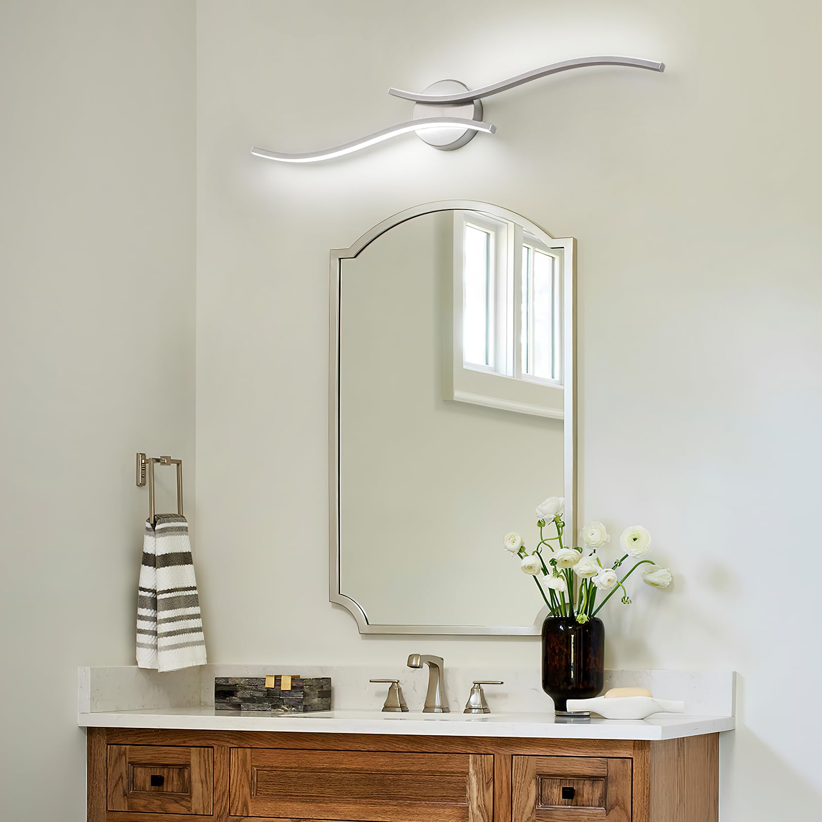 Huoku Modern Bathroom Vanity Light  32Inch Dimmable Brushed Nickel Bathroom Lighting Fixtures Over Mirror  23W Aluminum Wall Light For Living Room 6000K White Light