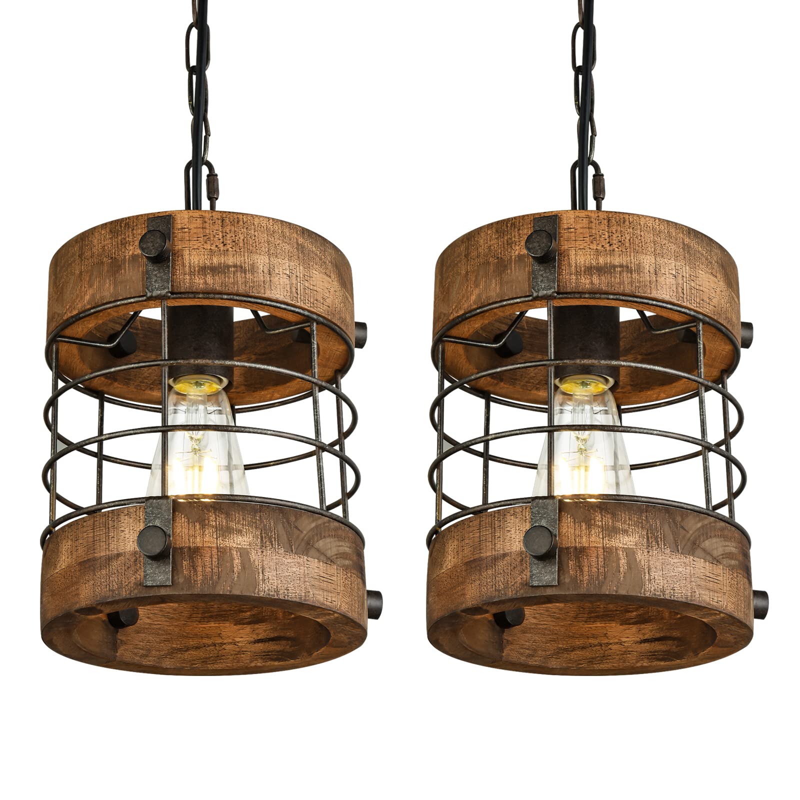 Wochos Retro Industrial Metal And Wood Farmhouse Chandeliers, 1-Light Round Cage Pendant Light Fixtures For Farmhouse Kitchen Island Foyer Hallway Bar Dining Room Restaurant, Brown, 2 Pack
