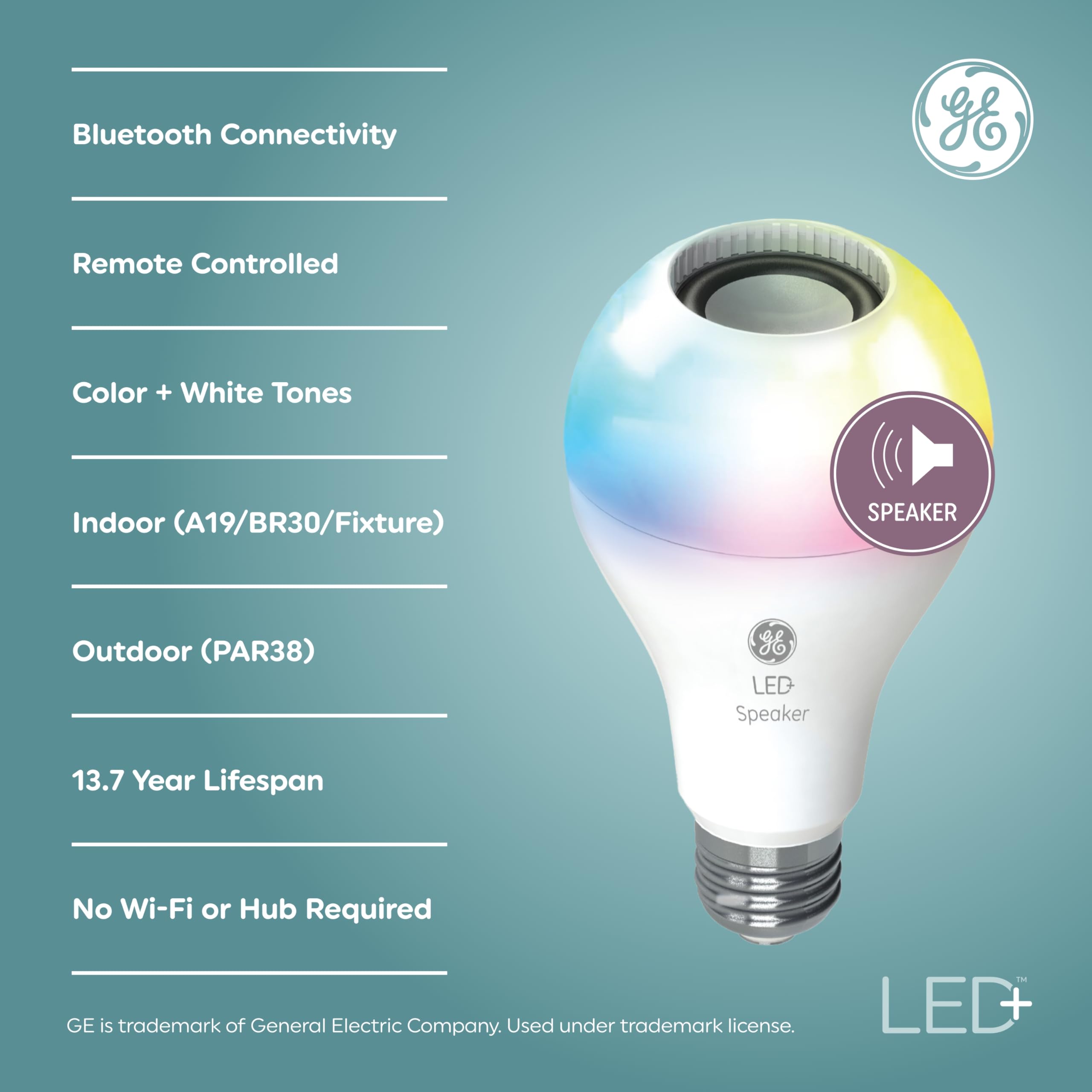 GE LED+ A21 Color Changing LED Light Bulb, 9W, Indoor Soft White & Multicolor, Wireless Bluetooth Speaker, Model 93129723