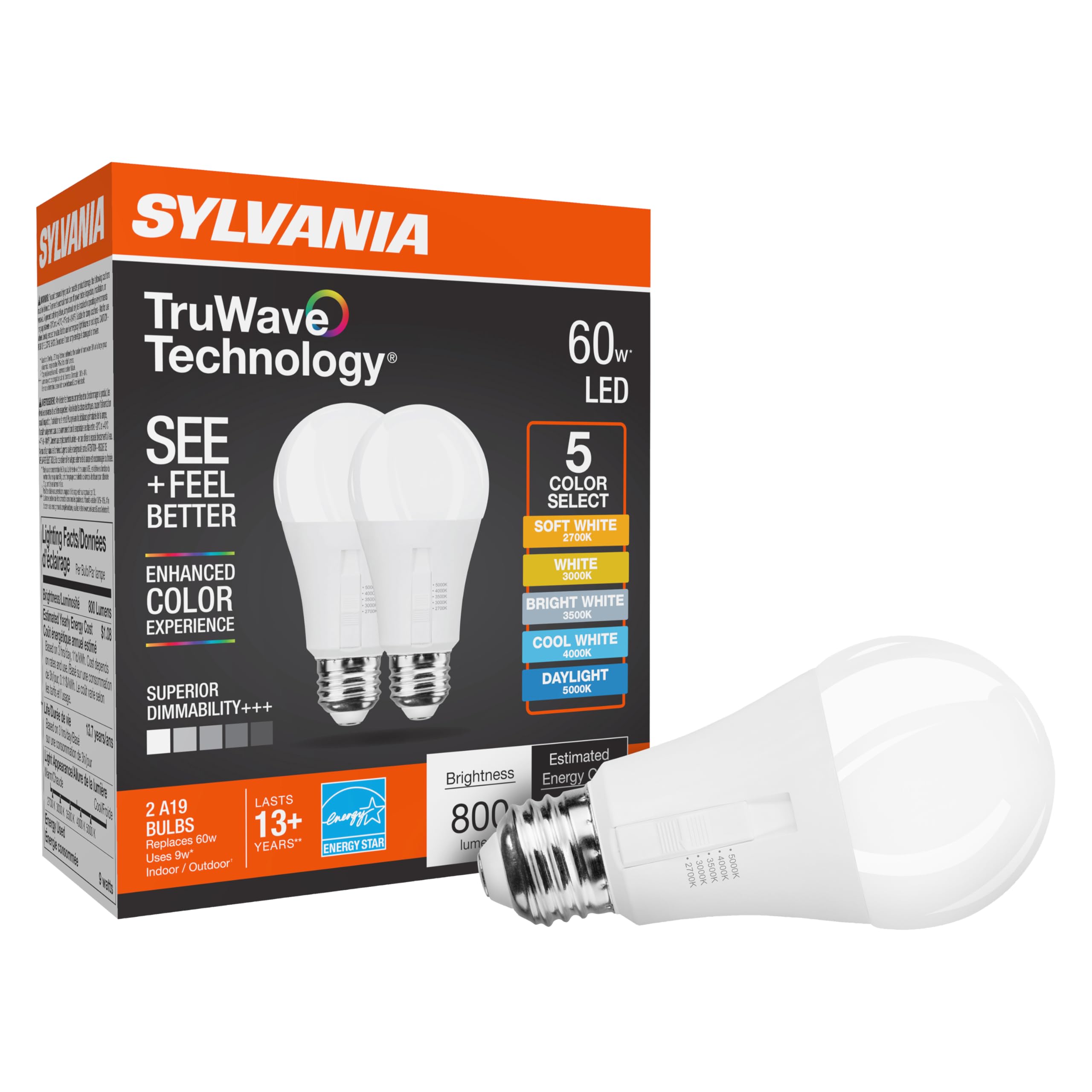 Ledvance Sylvania Truwave A19 Led Light Bulb, 9W = 60W, 5 Cct Select 2700/3000 / 3500/4000 / 5000K, Dimmable, 800 Lms, Frosted F