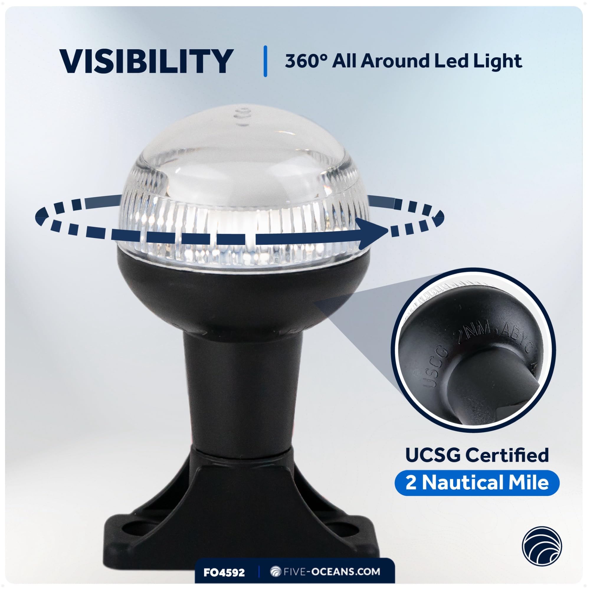 Five Oceans Boat Anchor Light, 12V DC, USCG 2NM Certified, 4-Inch LED, ABS Plastic Base, Fixed Mount, for Pontoon & Fishing Boats