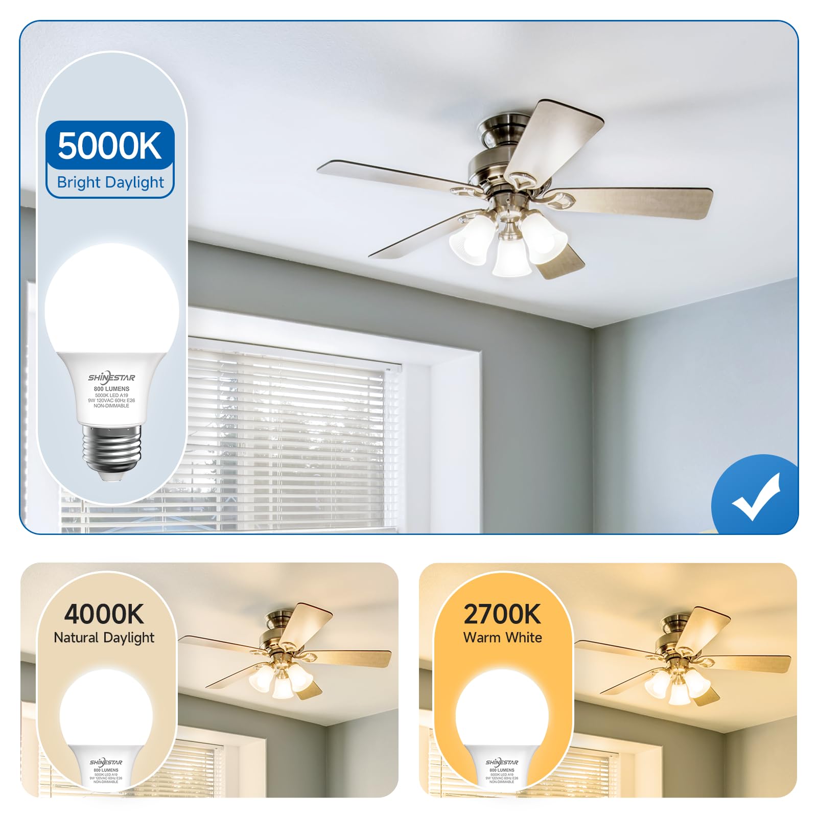 Shinestar A19 Led Light Bulb, 60 Watt Light Bulbs 5000K Daylight White, E26 Standard Base, Non-Dimmable, 6-Pack