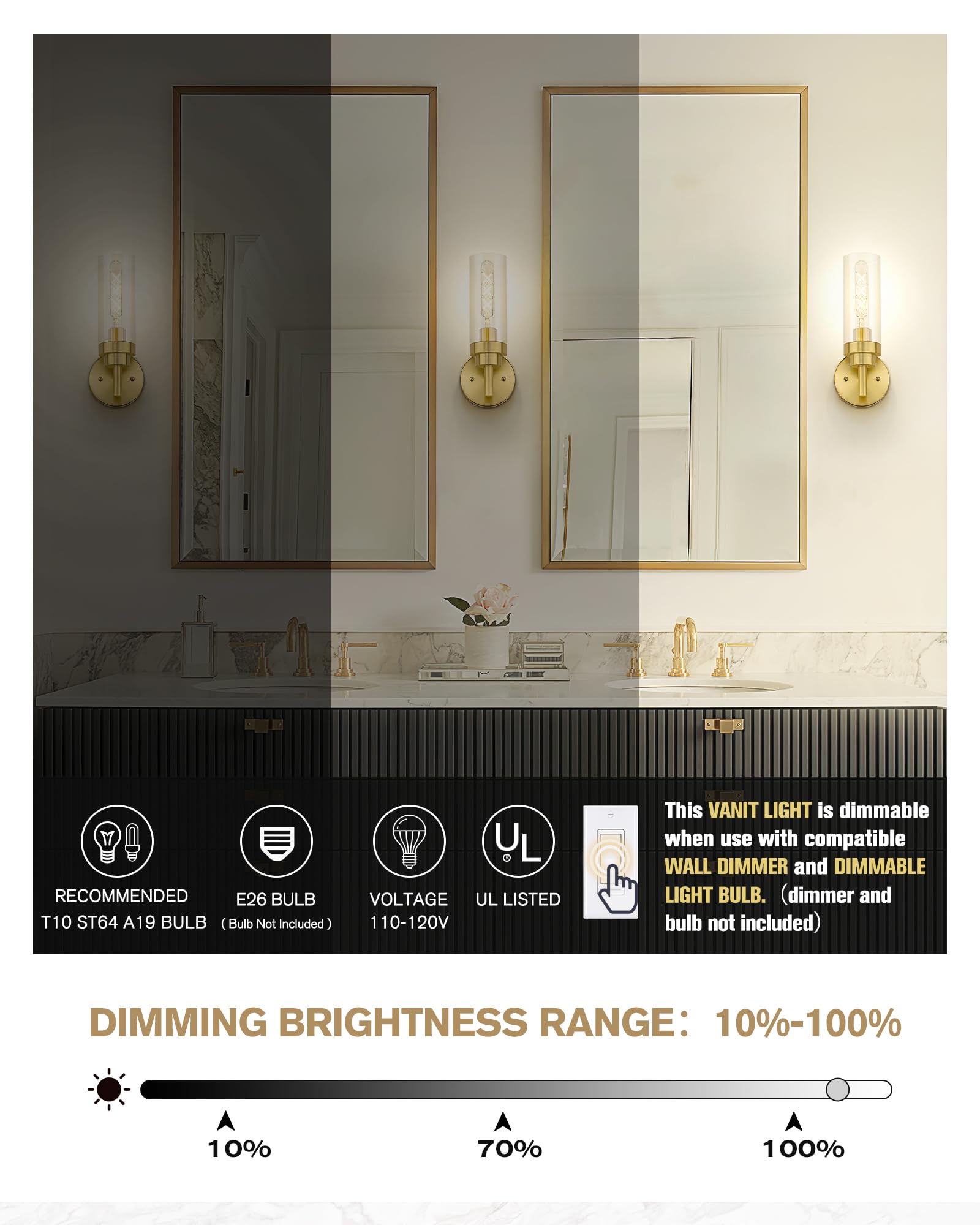 Emak Brushed Gold Sconce, Bathroom Vanity Light With Clear Glass Shade, Modern Wall Light Fixtures For Bathroom, Mirror, Hallway
