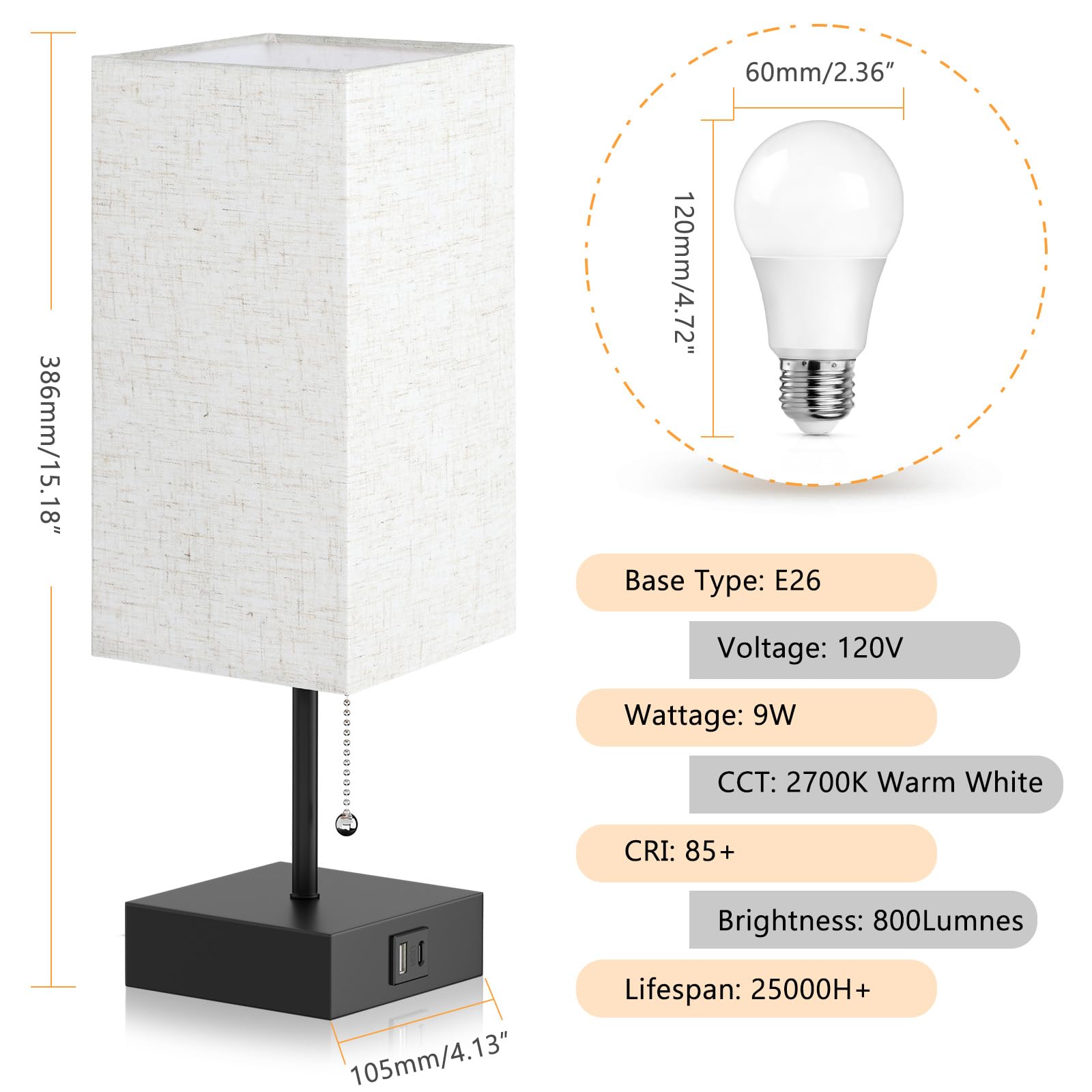 Ggoying Bedside Table Lamp, Pull Chain Bedroom Lamp With Usb C+A Charging Ports, 2700K Led Bulb, Linen Lampshade, Nightstand Lam