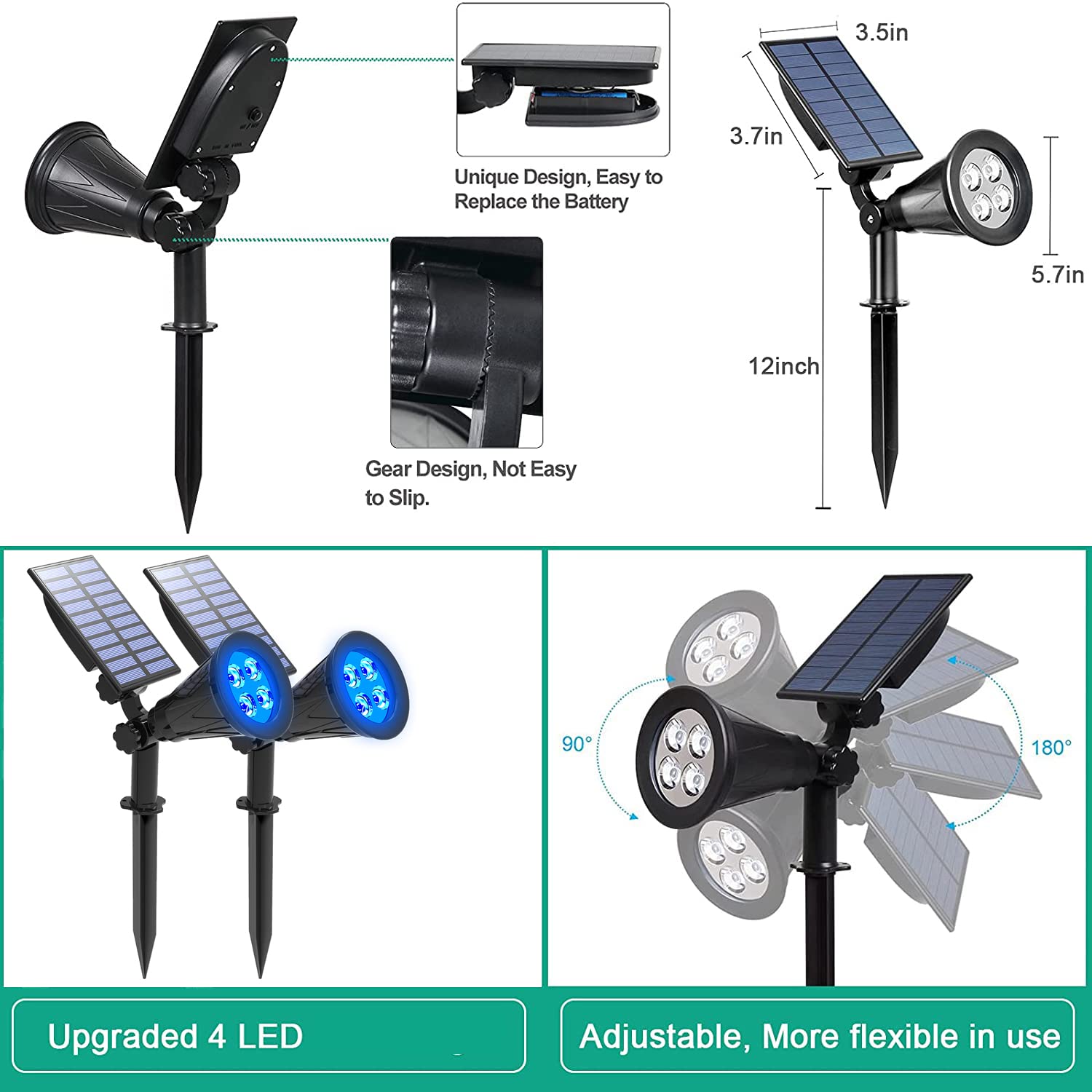 T-SUNUS Blue Solar Garden Spotlights, Waterproof IP65, 2 Pack, Auto-on/Off, 2 Modes for Outdoor Use