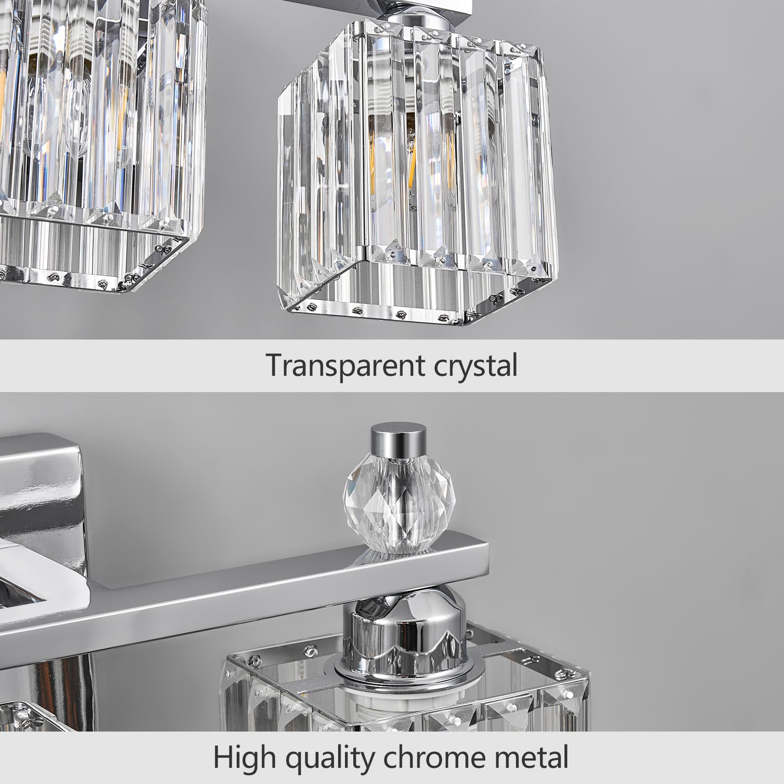 FDPBY 4-Light Crystal Vanity Light Fixtures, Chrome Square, Model 290, Metal Bathroom Lighting Over Mirror
