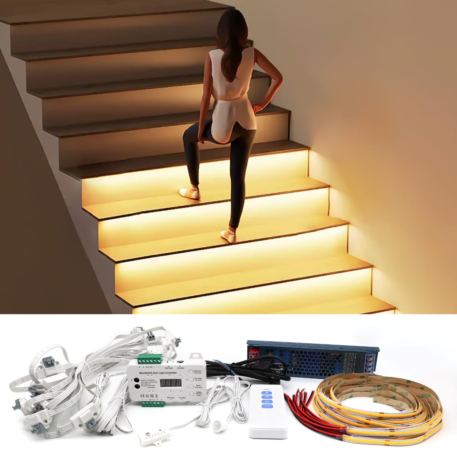 MALIIGAZA Intelligent Motion Sensor LED Stair Light Kit, 47.2in Cuttable Strip, 3000K, Plastic, Model STEP-09-16S-WW-1.