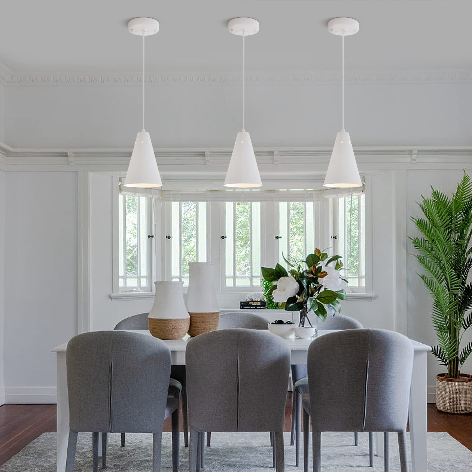 Dijiahua White Pendant Lights 3 Pack, Modern Metal Chandeliers, Adjustable Cord, Farmhouse Style For Kitchen Island & Dining Room