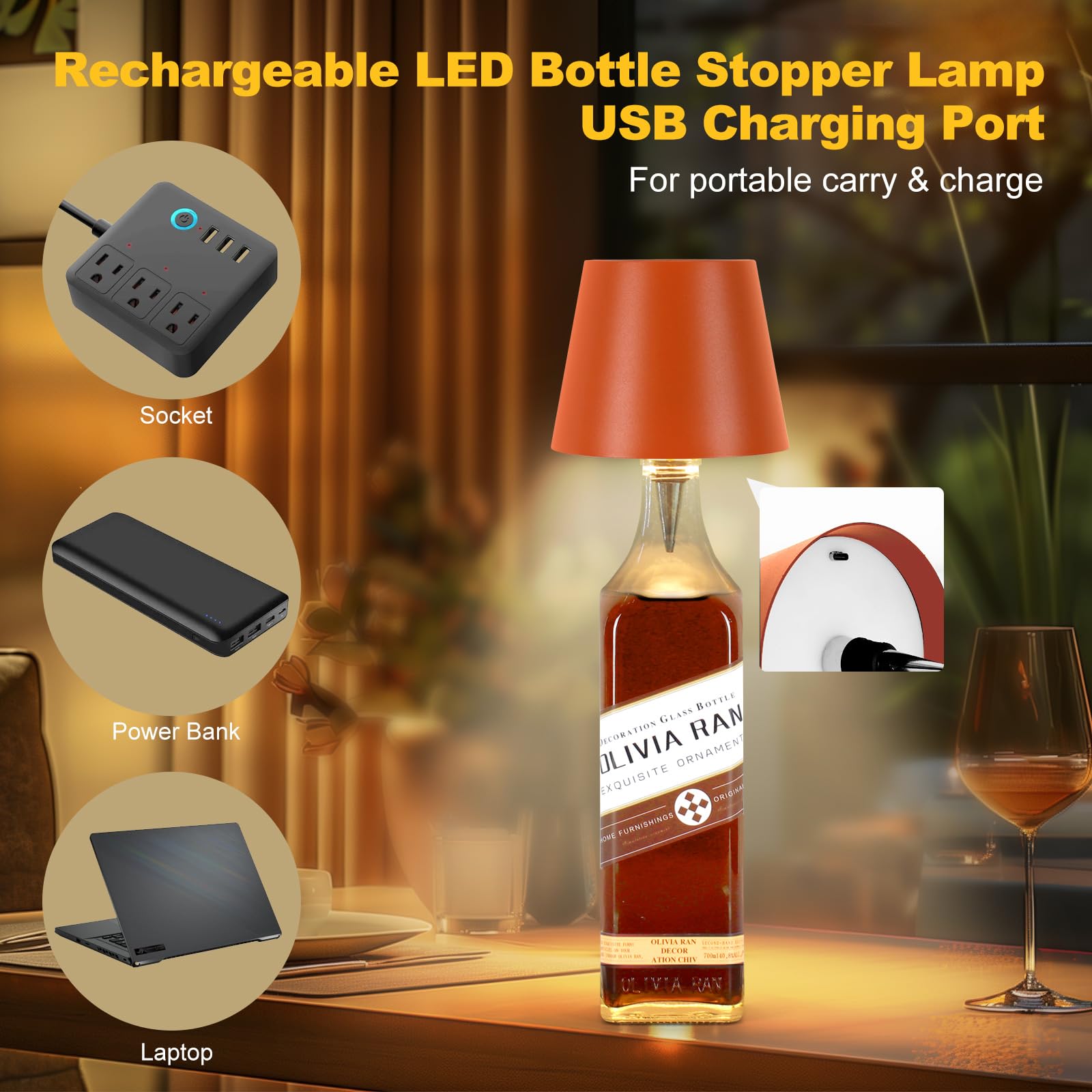 Soudfk Wireless Bottle Lamp, 2025 New 3 Color Rechargeable Wine Bottle Lights For Bars Restaurants (Orange, 1Pc)