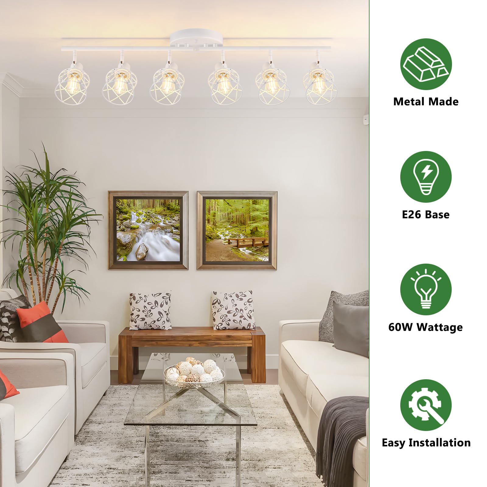 Baocuz 6-Lights White Semi Flush Mount Ceiling Light With Geometric Metal Cage  Modern Kitchen Track Lighting Fixtures Ceiling  Rotatable Close To Ceiling Lamp For Entryway  Living Room  Hallway