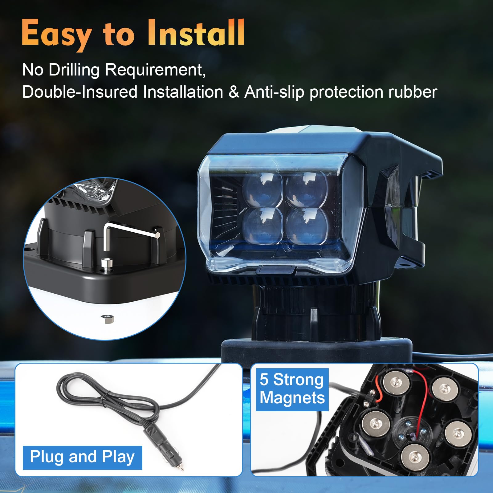 BIGACOVER Remote Control LED Spotlight, 50W Waterproof Searchlight, 360° Rotating, Black, with 5 Strong Magnets for Truck/Boat, 12V/24V