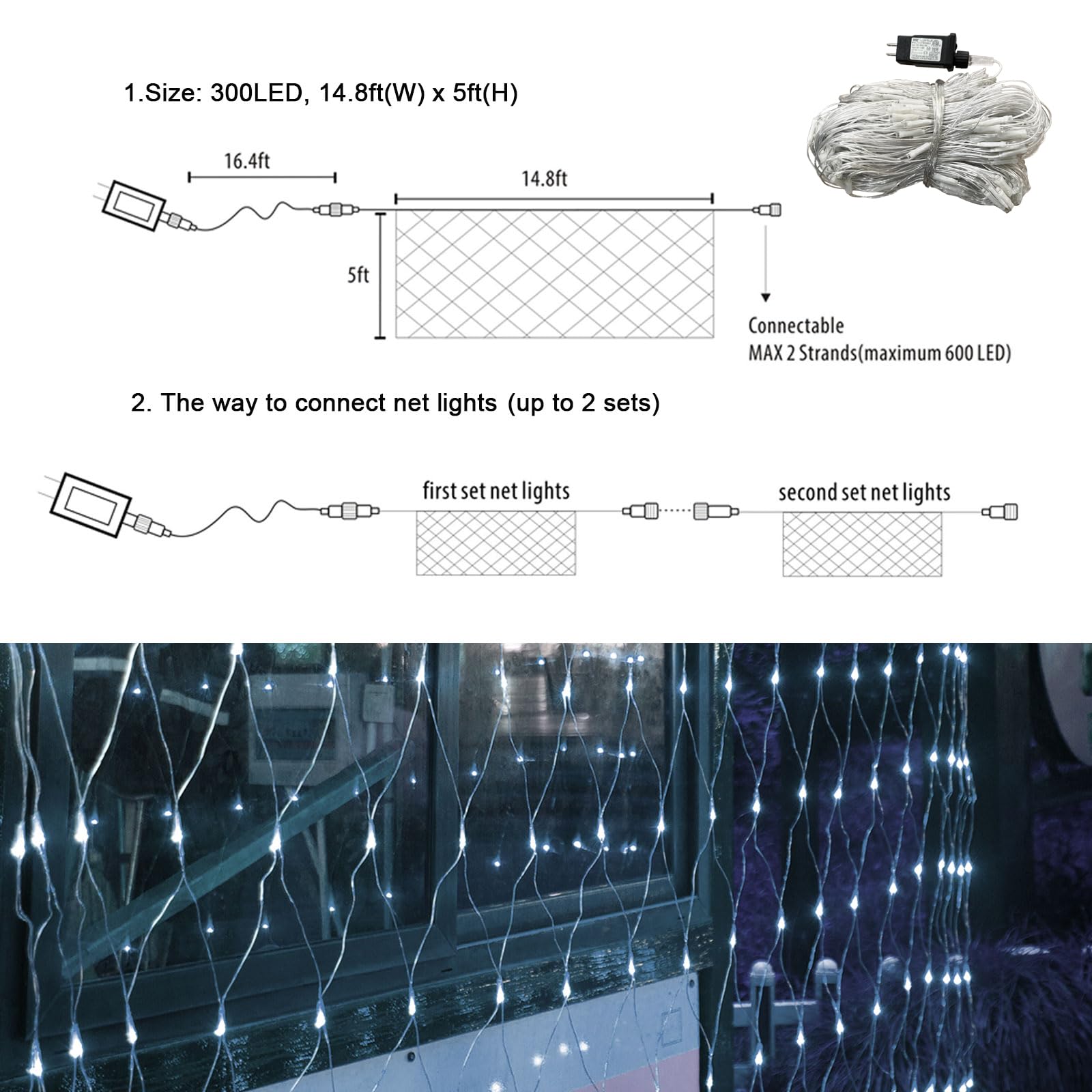 Lov high-standard 300 LED Net Lights for Bushes, 14.8ft x 5ft, 8 Modes, Waterproof, White, Model LR-(1-1000) L-SL