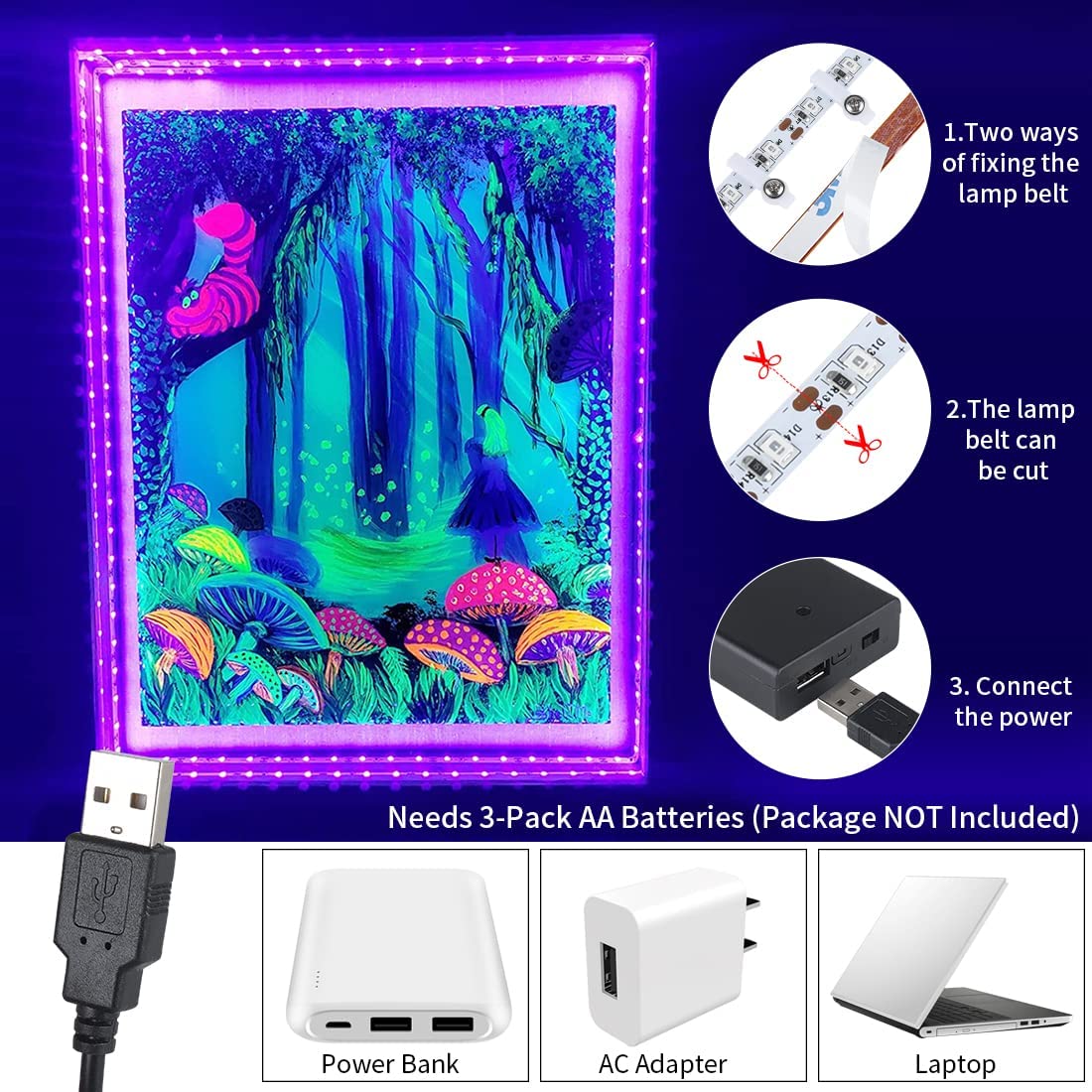 16.4Ft Black Light Strip With Usb Plug + Battery Box, Adhesive 300Leds Blacklight Fixture, Battery & Usb Operated For Glow Neon Party Birthday Glass Cabinet Fluorescent Poster Fishing Boat
