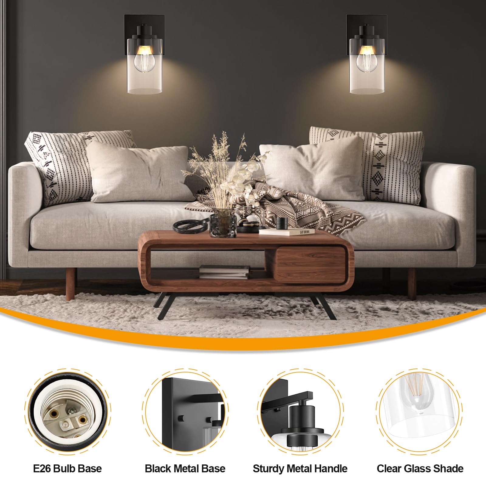 Wall Sconces Set Of 2 Matte Black Vanity Lights For Bathroom, Modern Wall Light Fixtures Sconce Lights Indoor With Clear Glass Farmhouse Wall Mount Lamp For Bedroom Mirror Living Room Hallway E26 Base