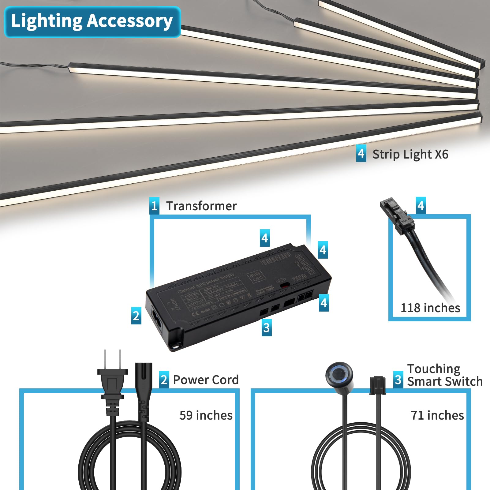 Art3d LED Recessed Lighting Kit - 6pcs White Lights with Smart Touch Switch, 3000K - Black Housing, Model D11001