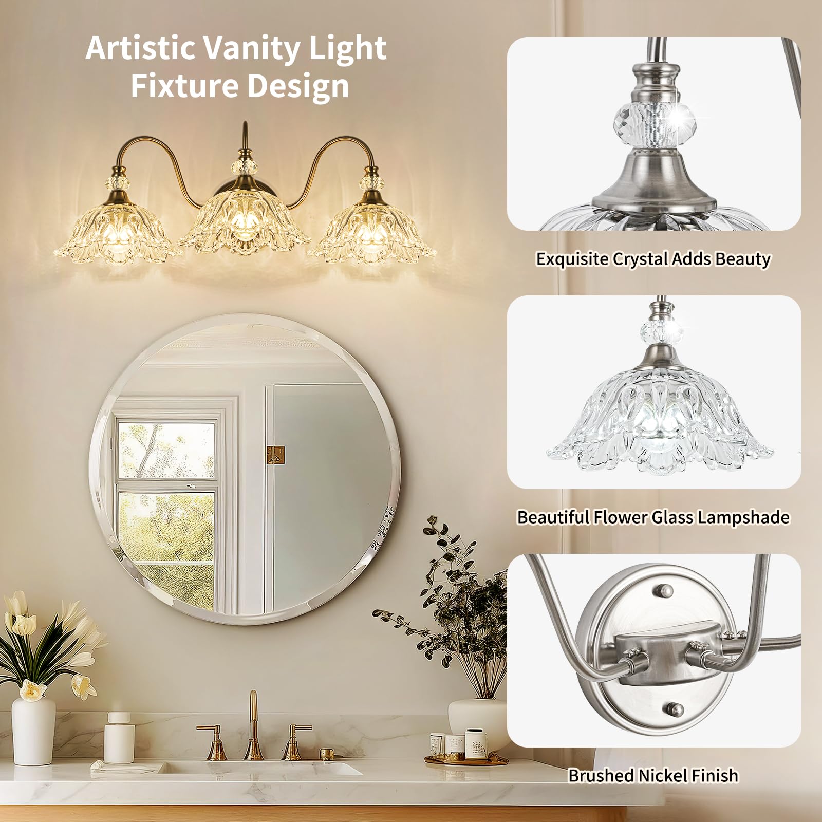Sunkryster Brushed Nickel 3-Light Bathroom Vanity Light with Floral Glass Shades, Metal Wall Mount Lighting