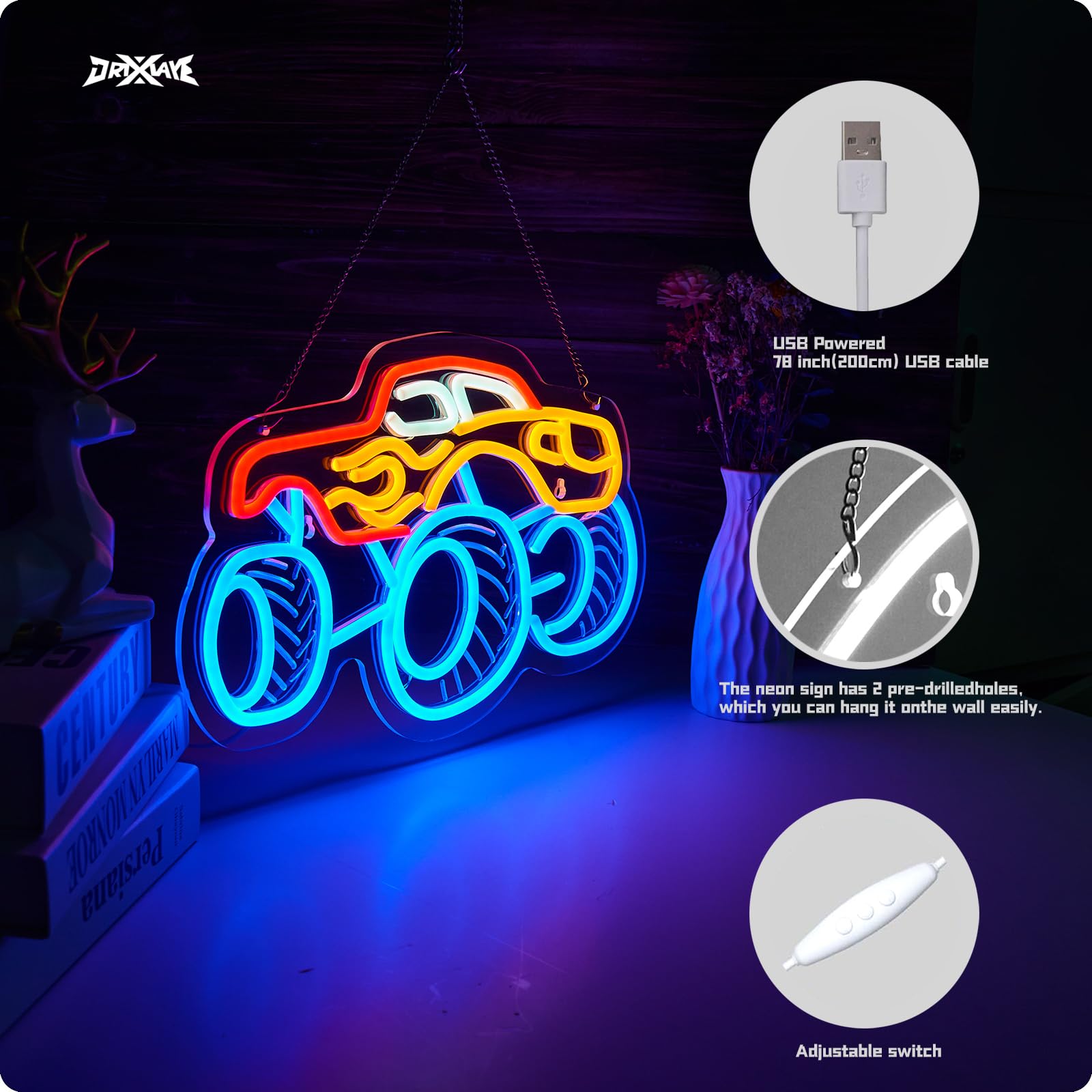 Monster Truck Neon Sign For Wall Decor Teen Room Decor Gifts For Birthday Kids Boys Room Playroom Decor(16 X10.2 In)