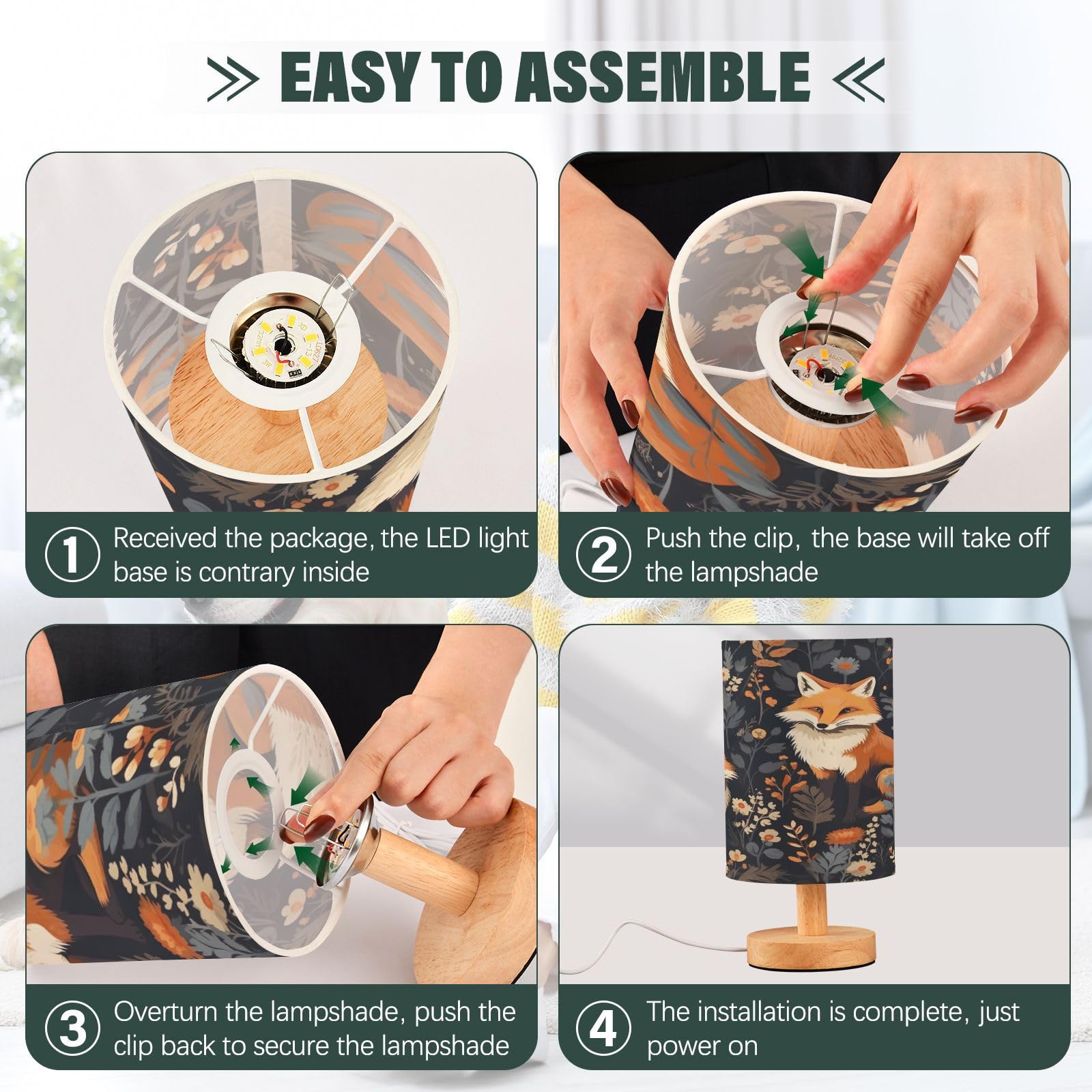 Goodold Cute Foxes Led Table Lamp - Modern Minimalist Bedside Lamp With Round Flaxen Fabric Shade For Nightstand, Perfect For Be