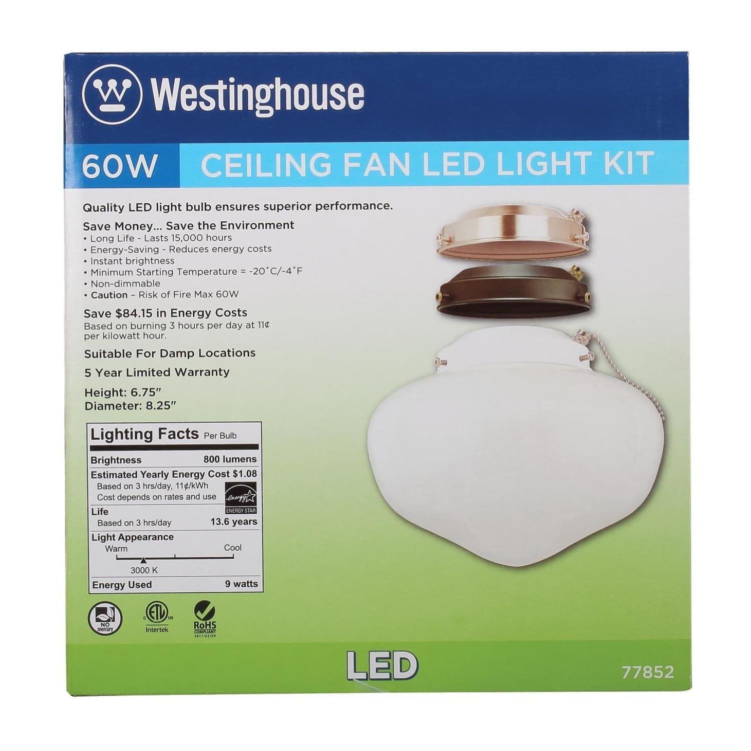 Westinghouse LED Schoolhouse Ceiling Fan Light Kit, Model 7785200, Three Fitters, White Opal Glass, Indoor/Outdoor
