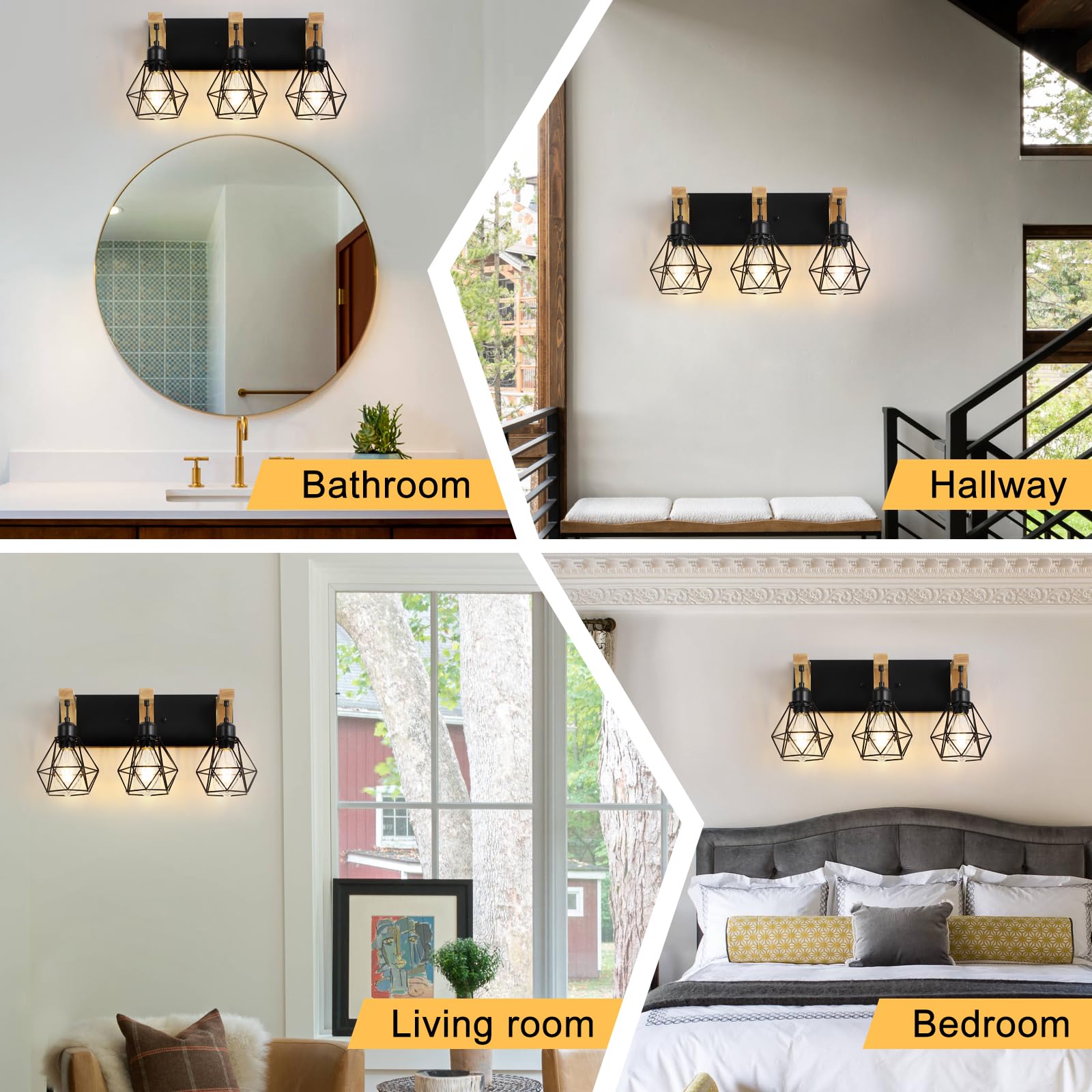 3-Light Farmhouse Bathroom Vanity Light Fixtures, Wood Bathroom Light Over Mirror, Rustic Sconces Wall Lighting With Elegant Met