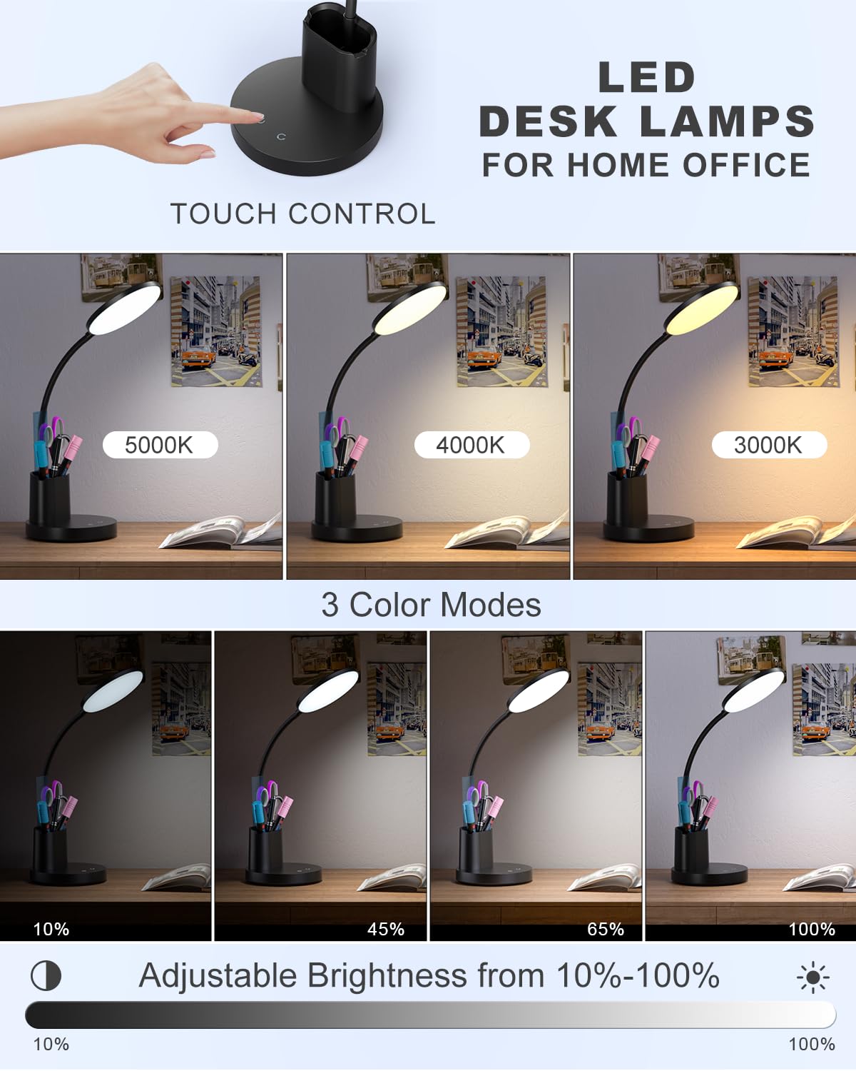 Sailstar LED Desk Lamp, 3 Lighting Modes, 800LM, Touch Control, Dimmable, 360° Gooseneck, Simple Black, Model SA-DL-JCK-