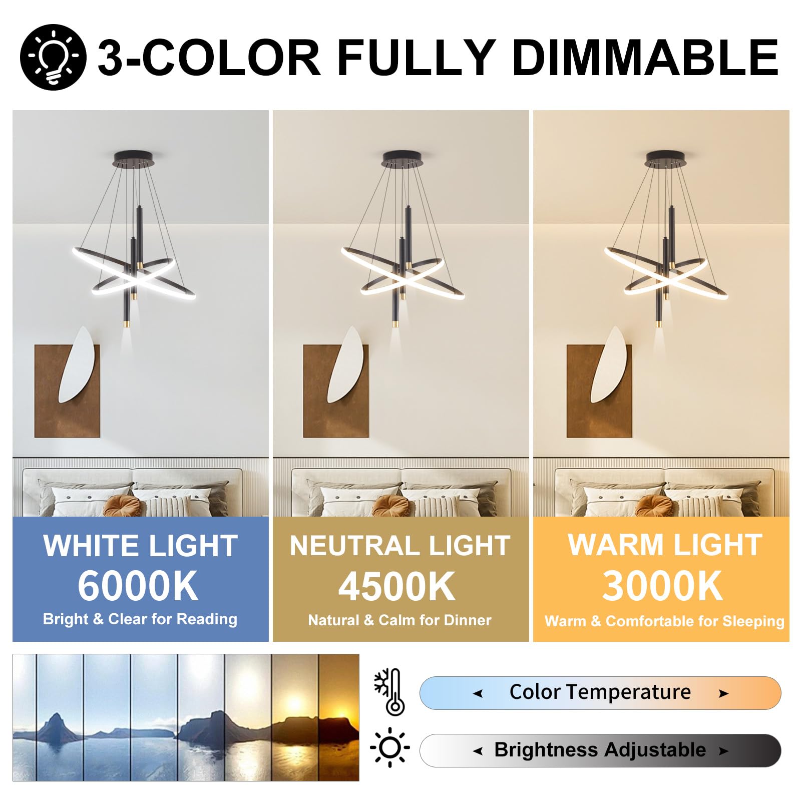 ORANOOR LED Black Modern Chandelier, Dimmable 24in, Aluminum, 2 Ring, Model OR-7703B, Ideal for Dining Room and Living Spaces