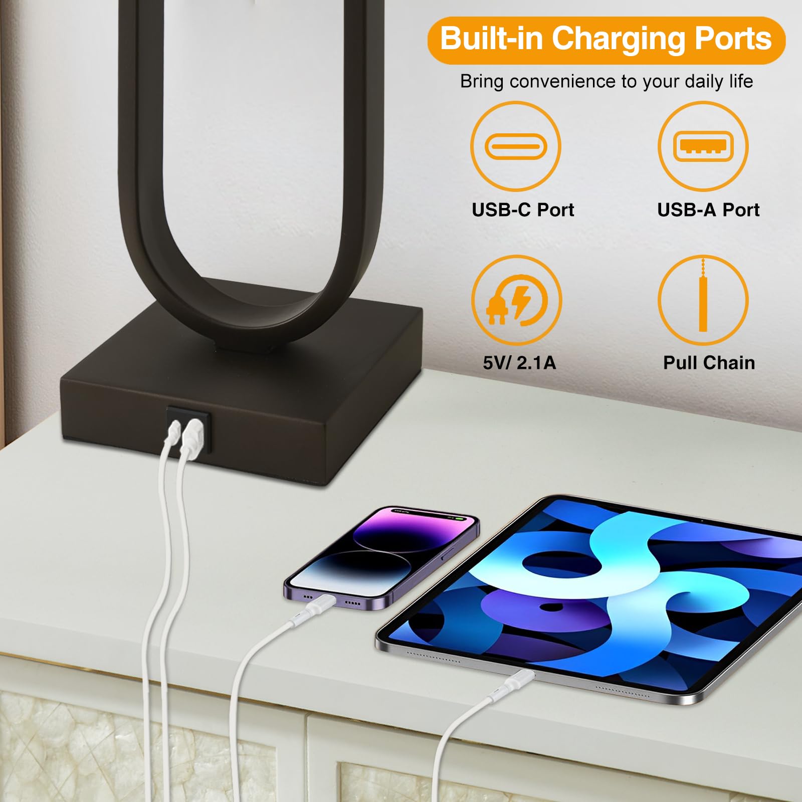 Luvkczc Nightstand Lamps Set Of 2 With Usb C+A Ports, 24'' Tall Table Lamp With Two 3000K Led Bulbs, Beige Lampshade, Modern Bedside Lamp For Living Room, Bedroom, Office